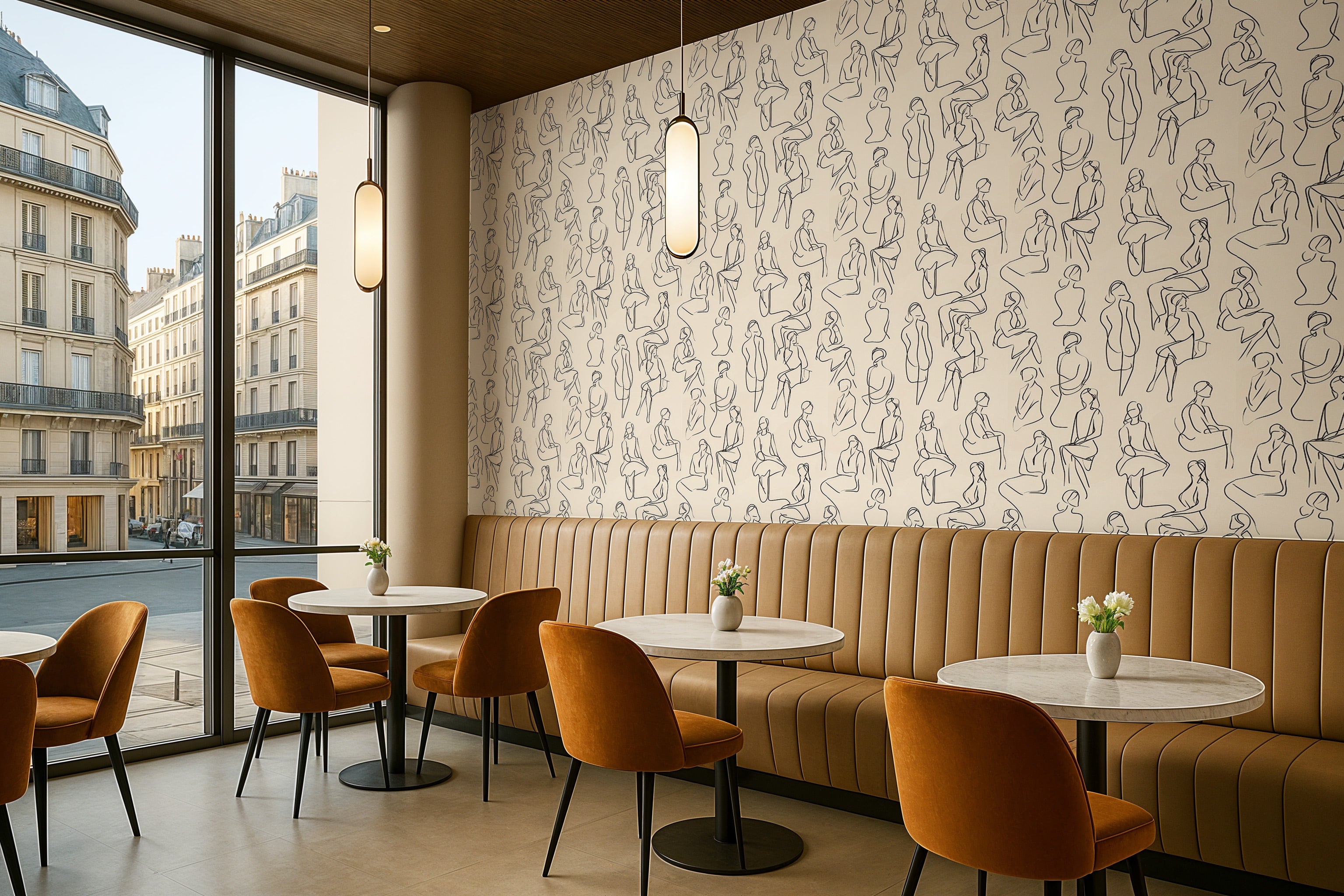 Abstract figure art wallpaper with beige background and black line drawings of seated silhouettes in a modern cafe setting wi