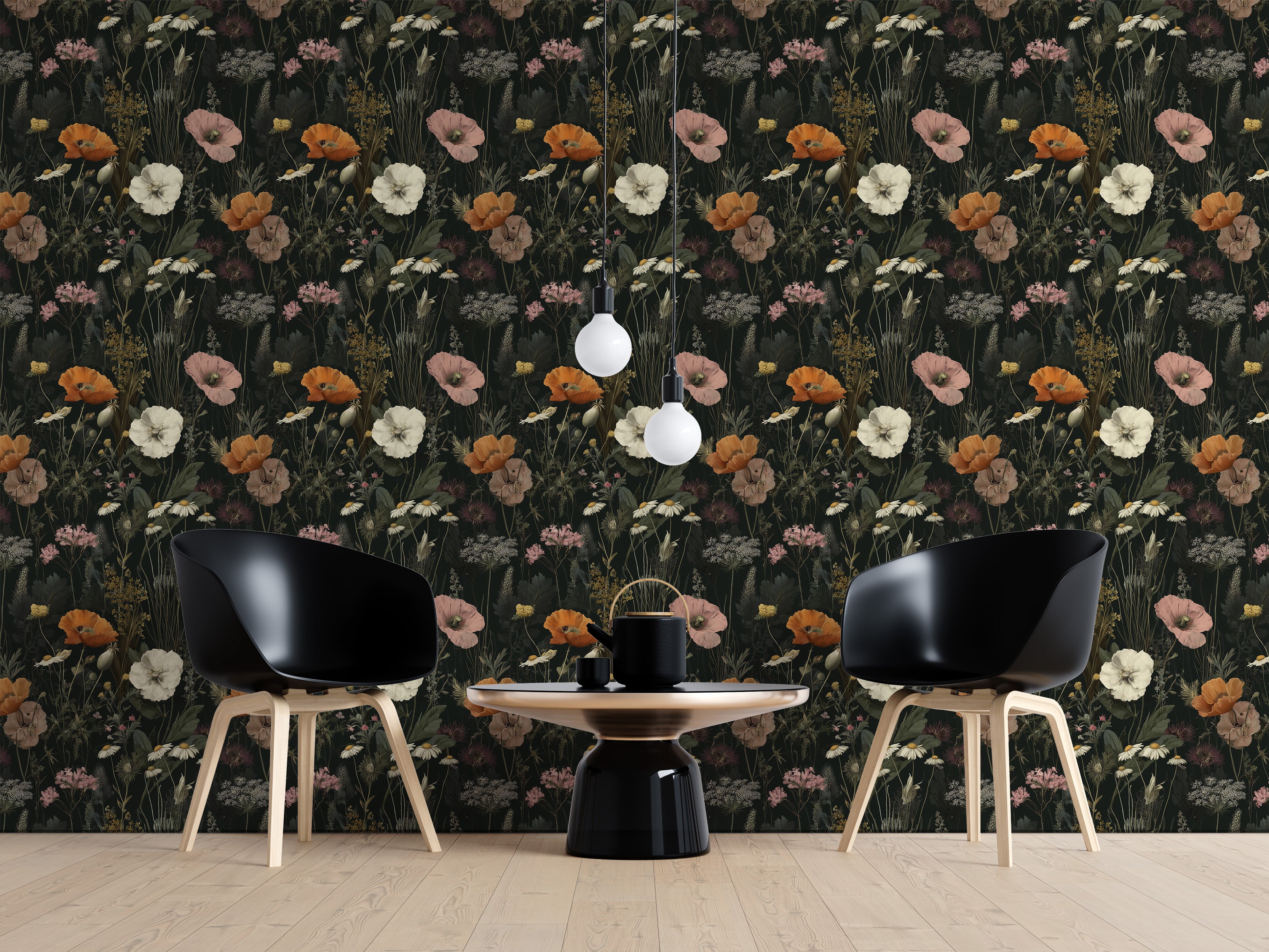 Dark botanical floral wallpaper with orange, white, and pink poppies and wildflowers on a deep charcoal backdrop in a modern