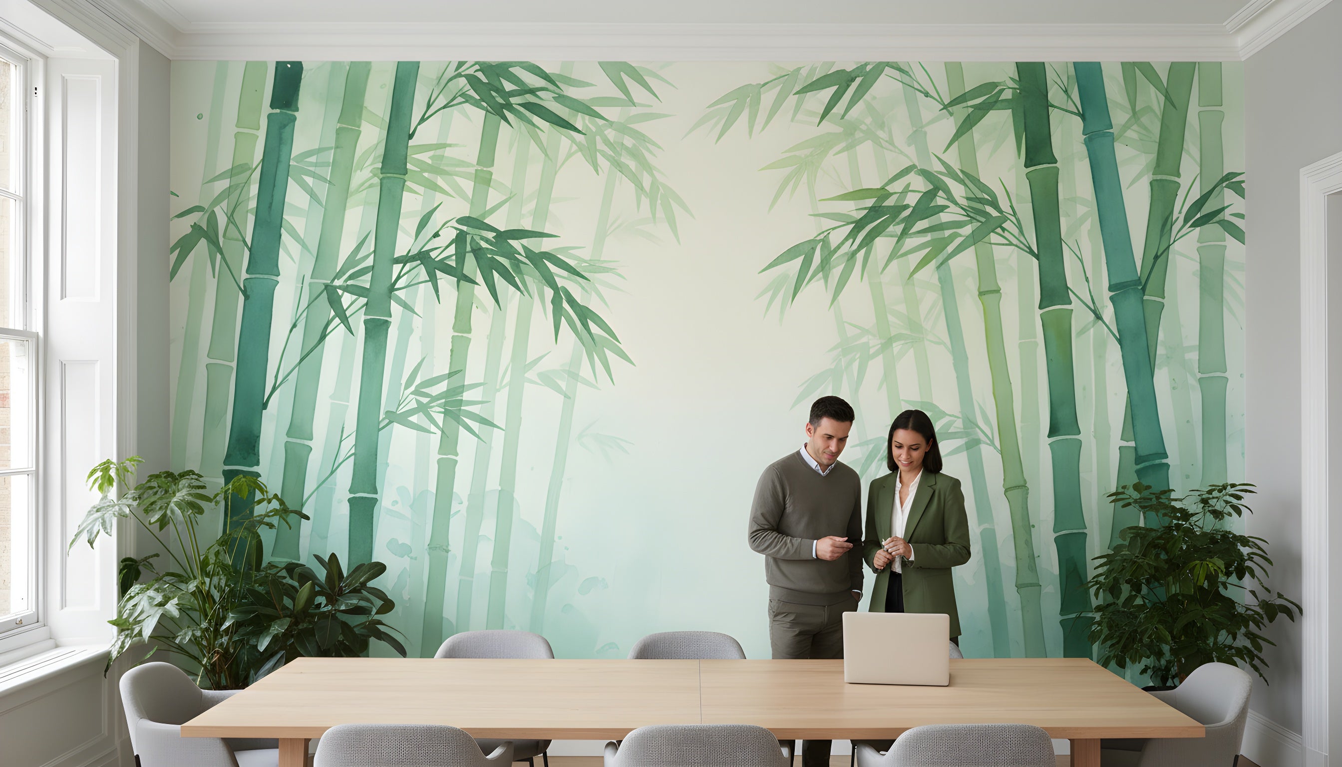 Watercolor bamboo forest mural in a bright office meeting room with green stems and leaves, peel and stick wall art in calming botanical tones