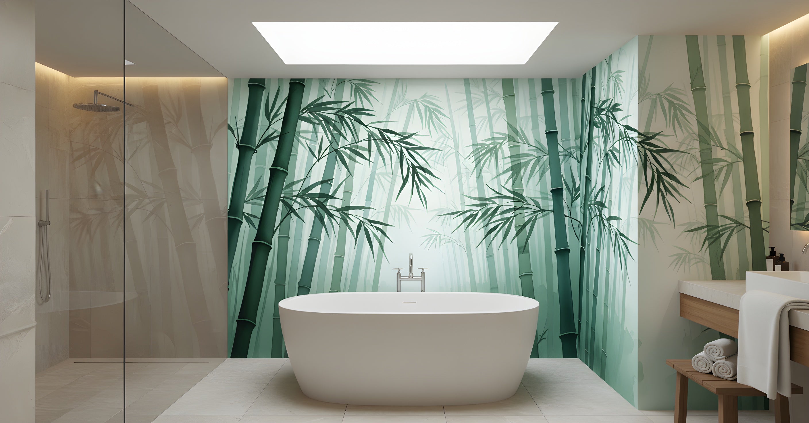 Serene bamboo forest mural in sage green tones adorns a modern bathroom backdrop behind a freestanding white tub with sleek chrome fixtures and a