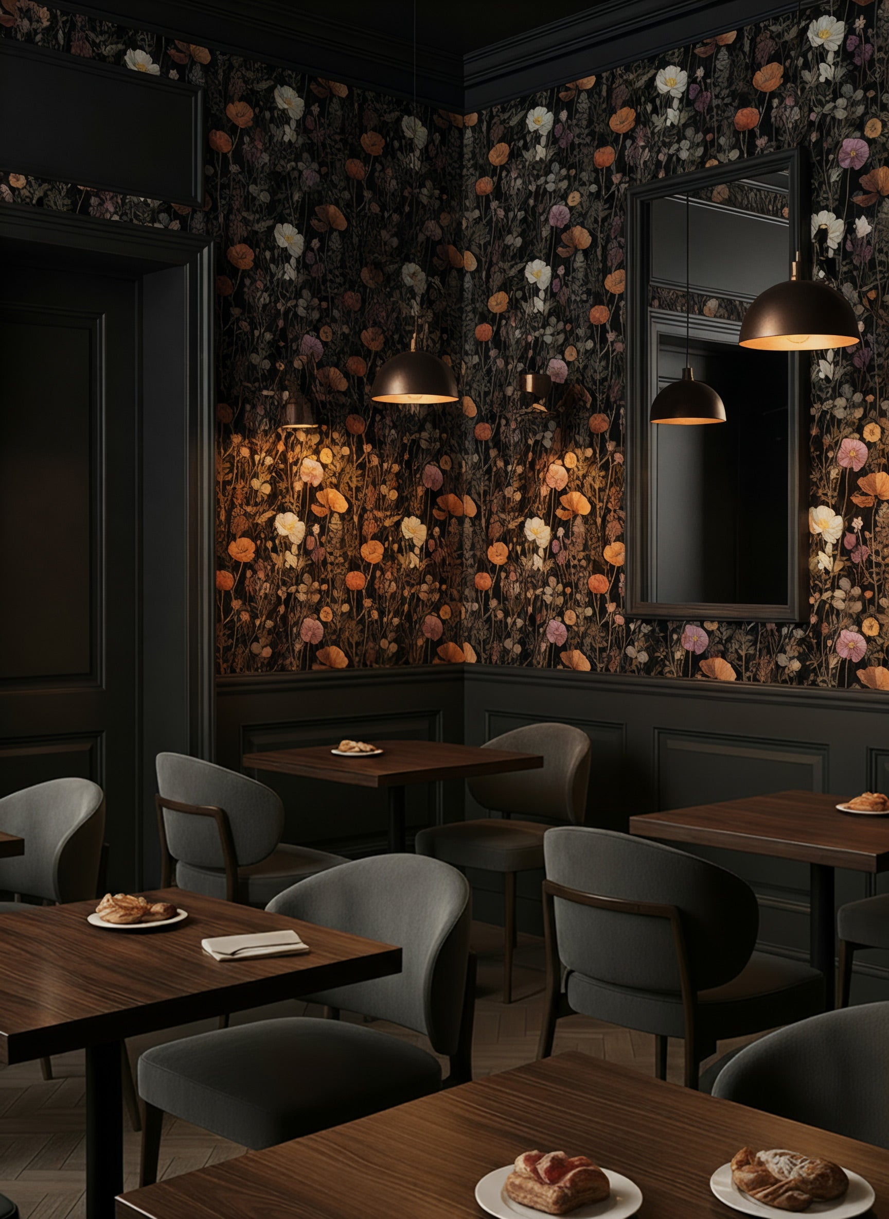 Dark botanical floral wallpaper with orange poppies on black background in a moody cafe dining room with wood tables and gray chairs