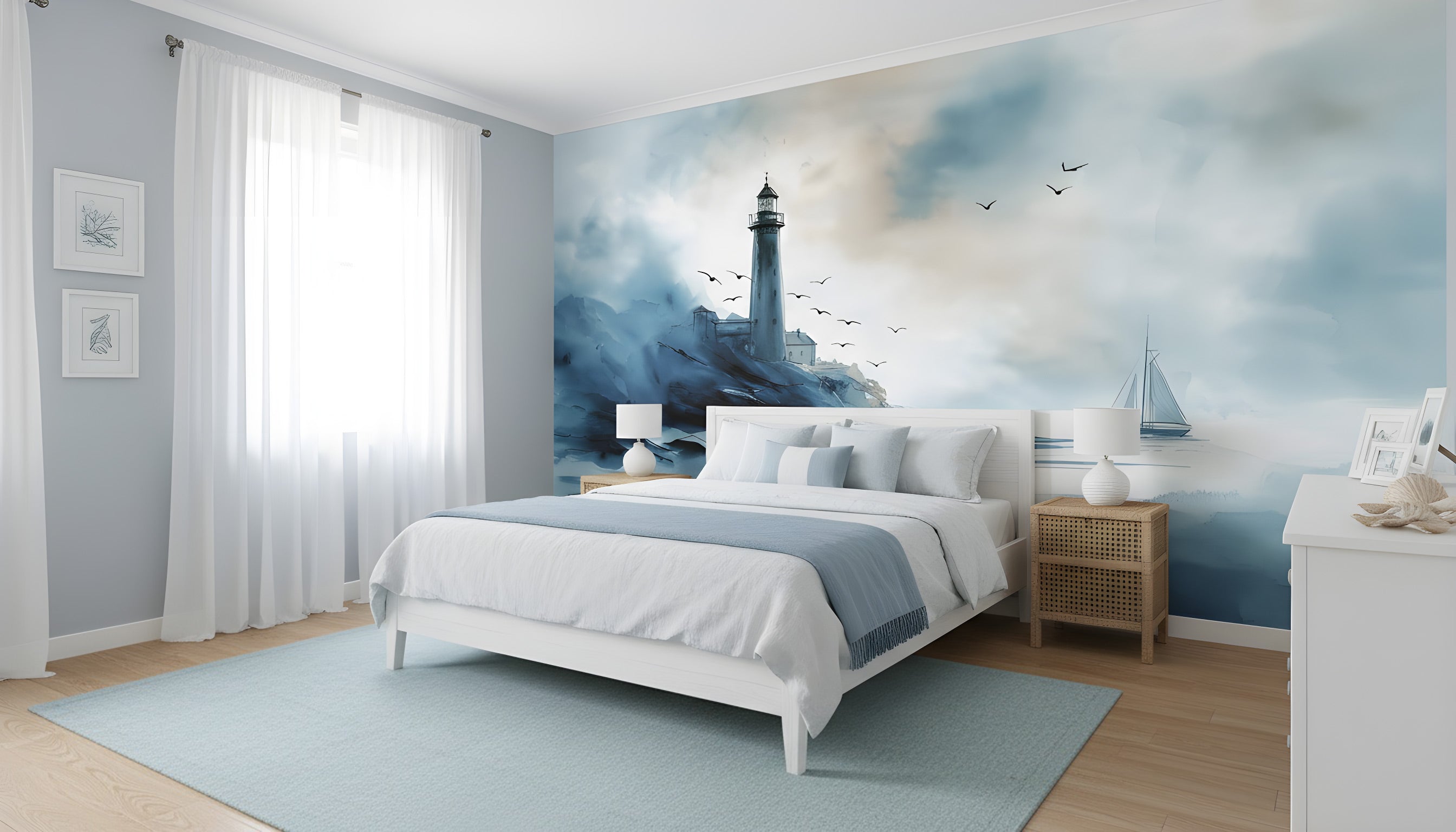 Coastal lighthouse watercolor mural in cool blue tones on bedroom wall with sea, sky, and sailboat scene in a light coastal r