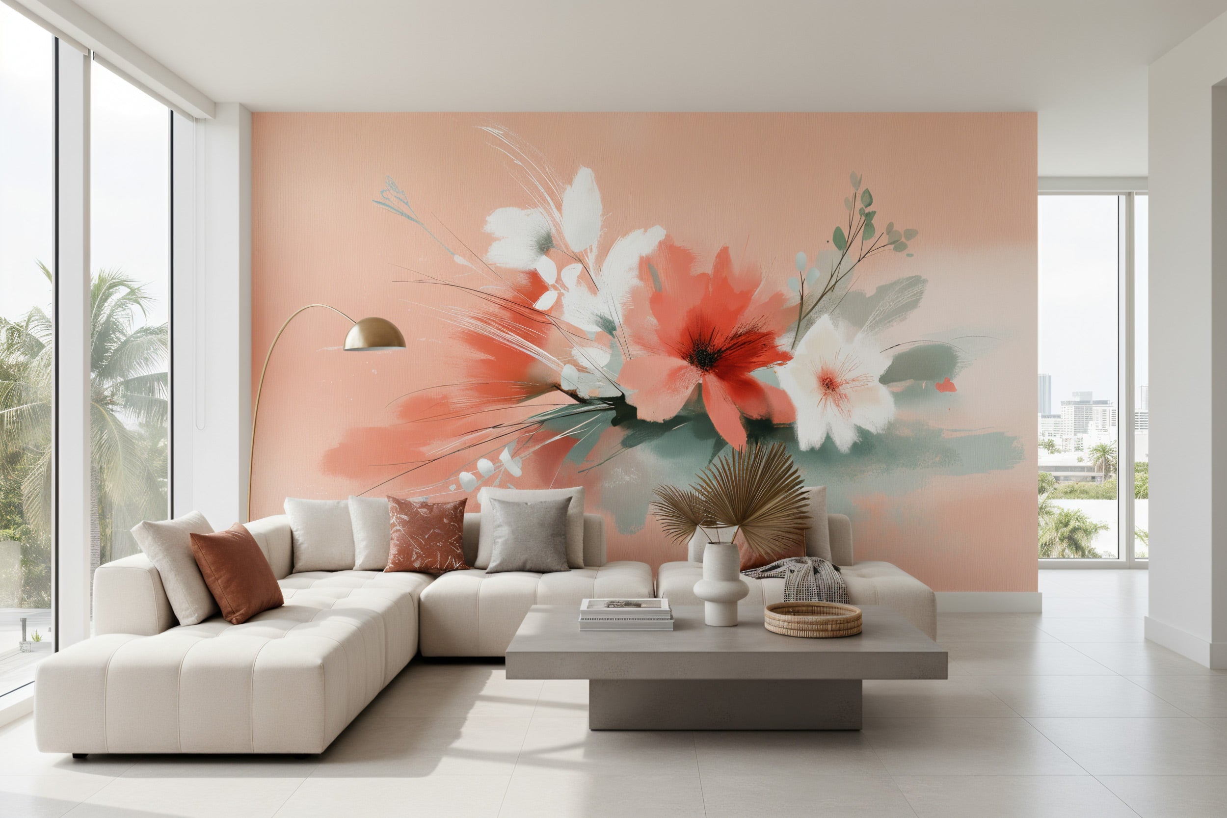 Abstract floral mural in coral, white, and sage green on a blush wall behind a modern beige sectional in a bright living room