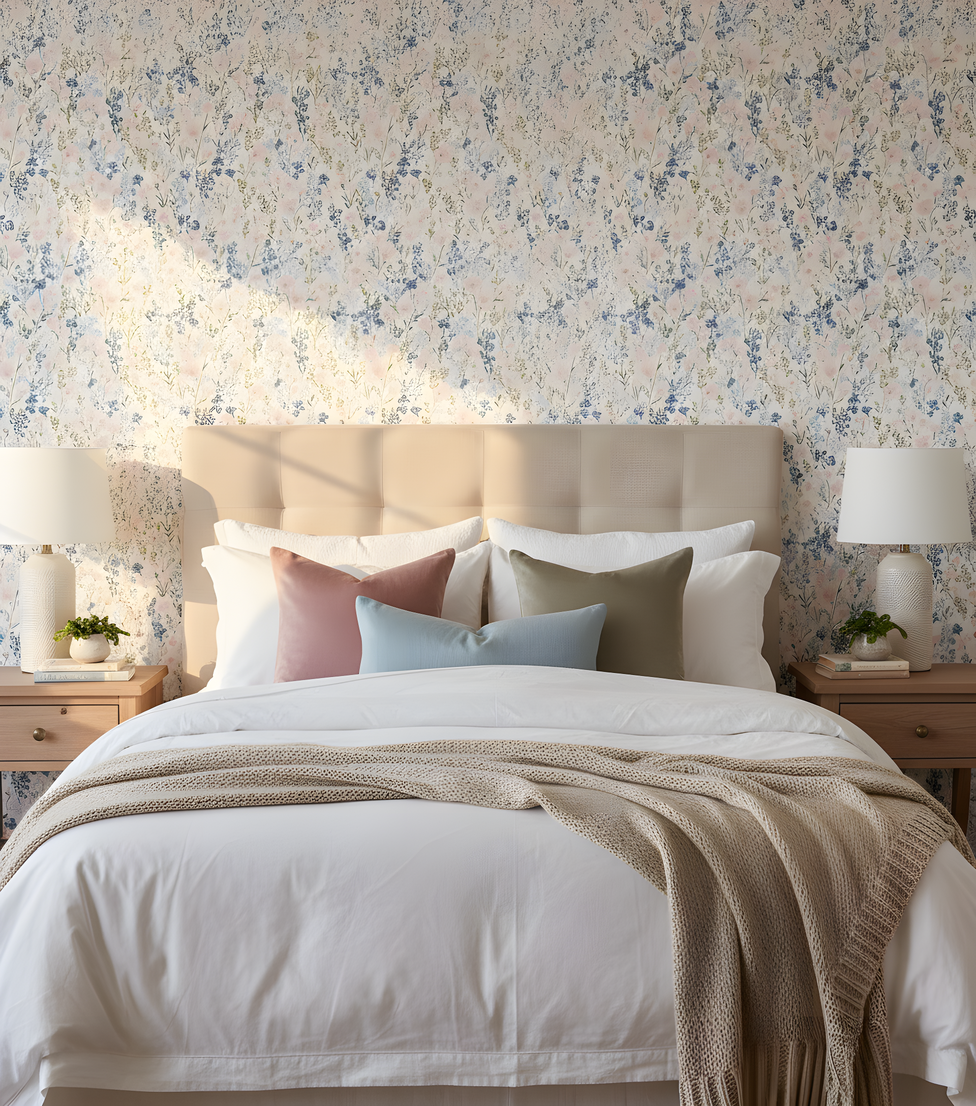 Soft pink and blue wildflowers wallpaper in a serene bedroom with a beige upholstered headboard and pastel throw pillows on a