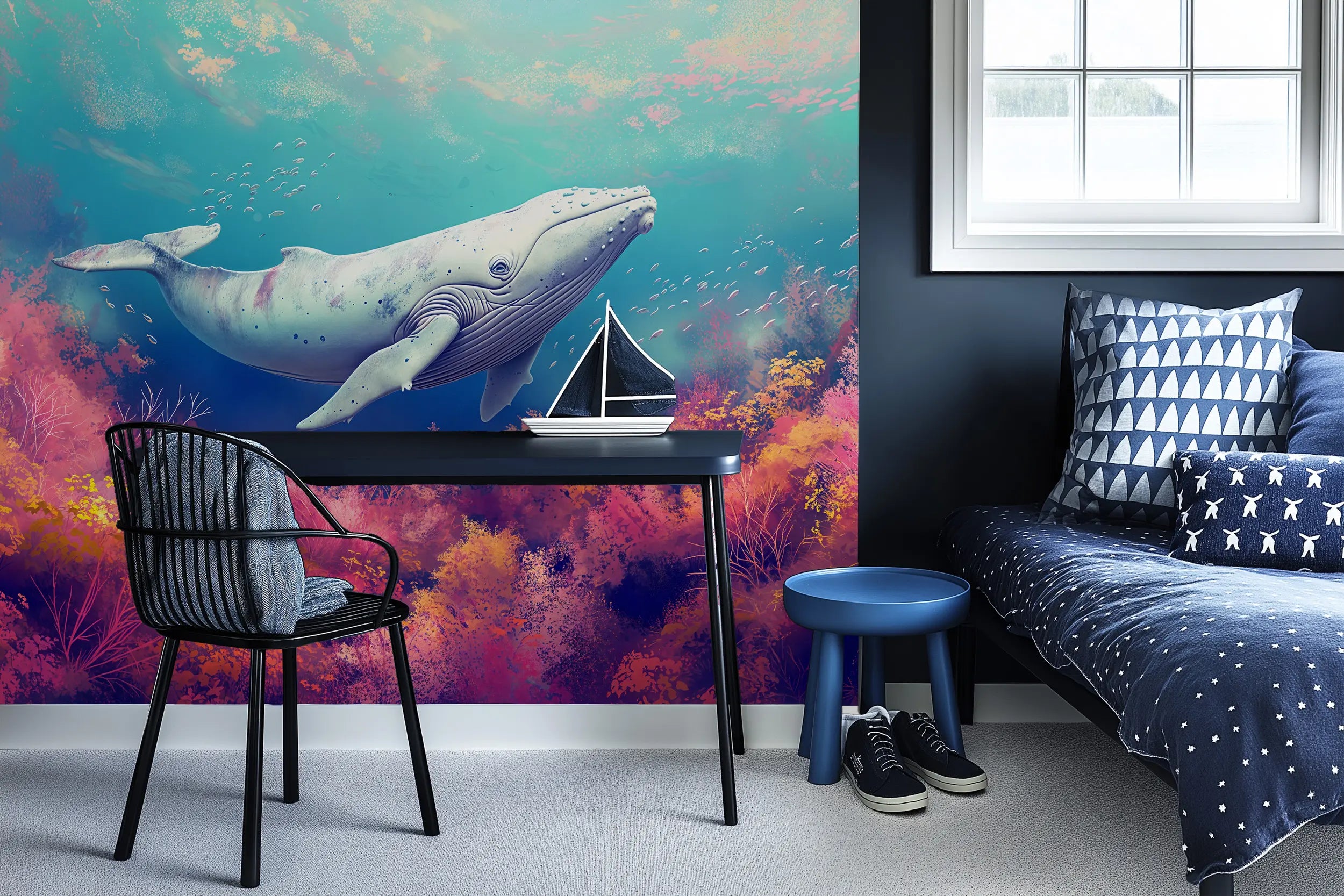 Whale under the sea mural for nursery