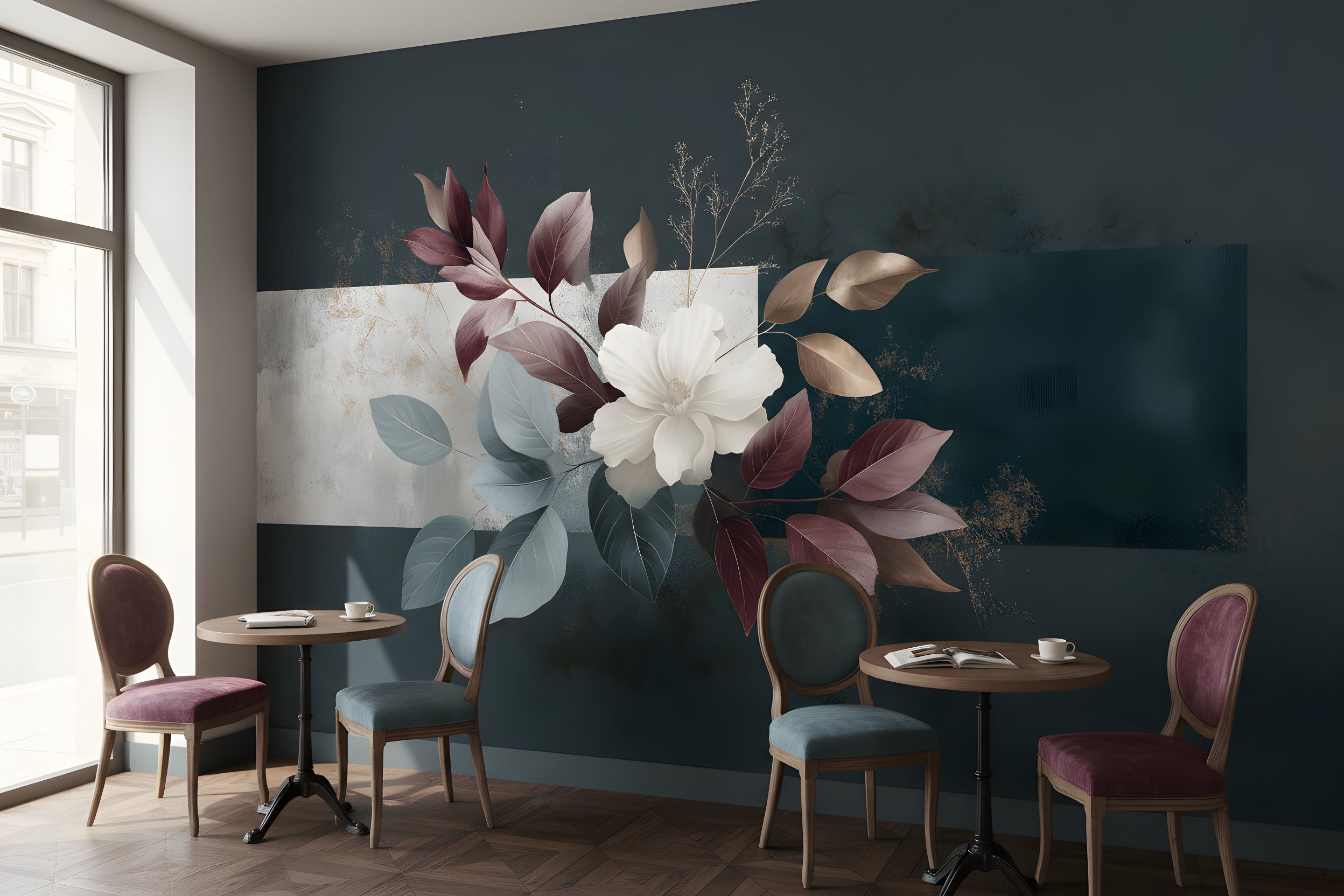 Dark elegant botanical mural with a large white magnolia bloom and burgundy, sage green, and bronze leaves on a deep teal wall in a cozy café setting