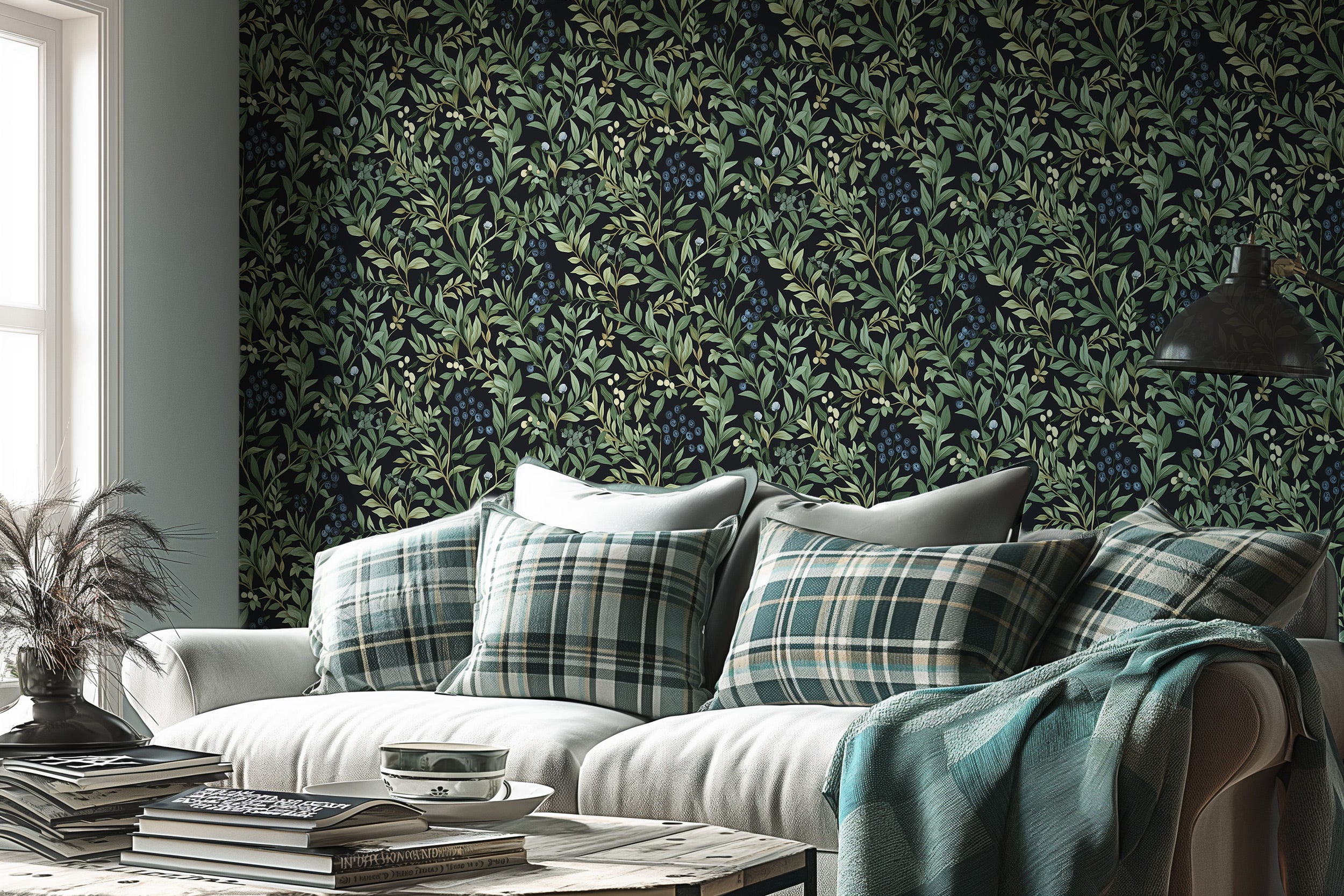 Botanical blueberry pattern wallpaper with green leaves on a black backdrop in a cozy living room with a plaid sofa and teal