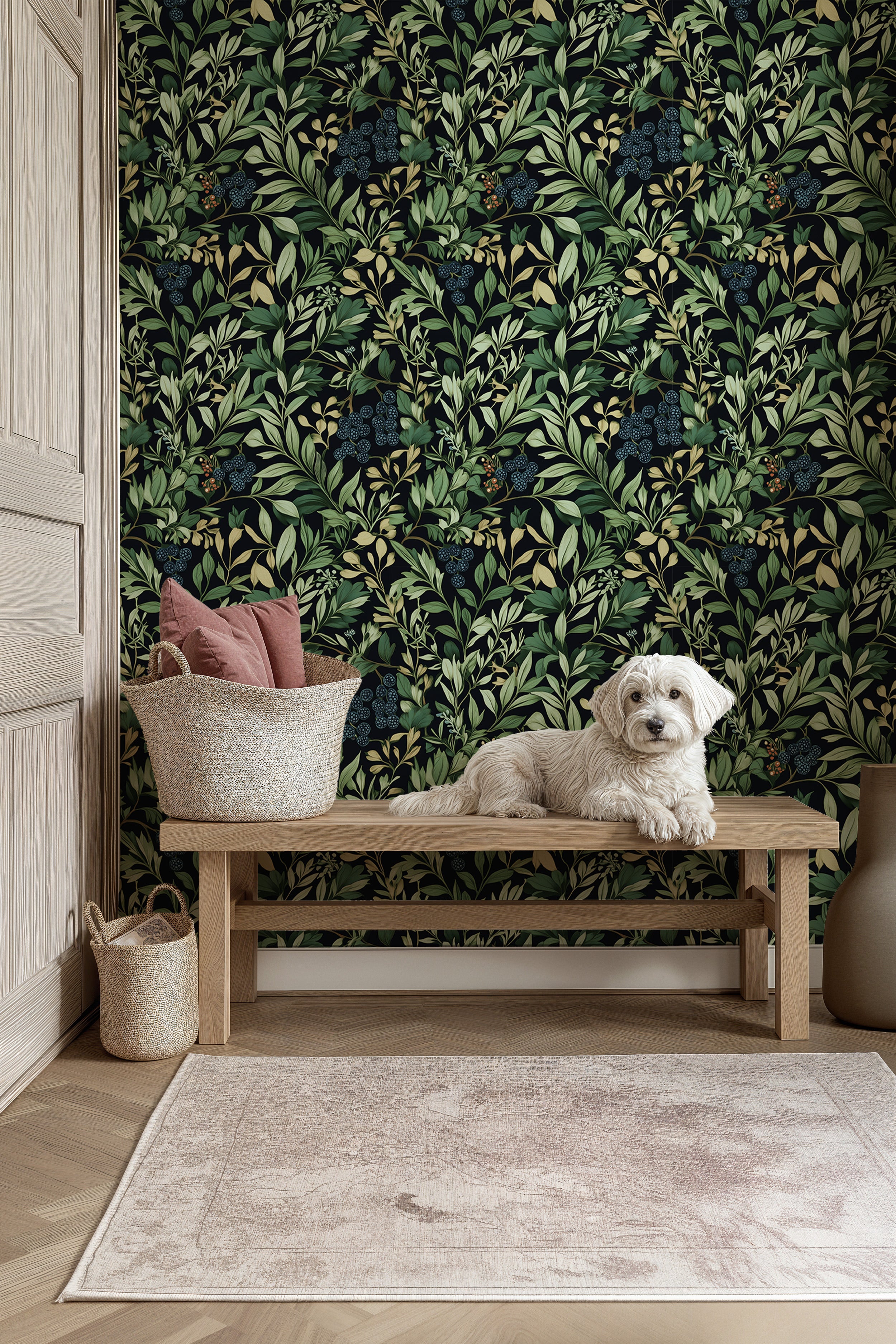 Dark botanical berry wallpaper with green leaves and blue berries on a black backdrop, contains a wooden bench, dog, and wove