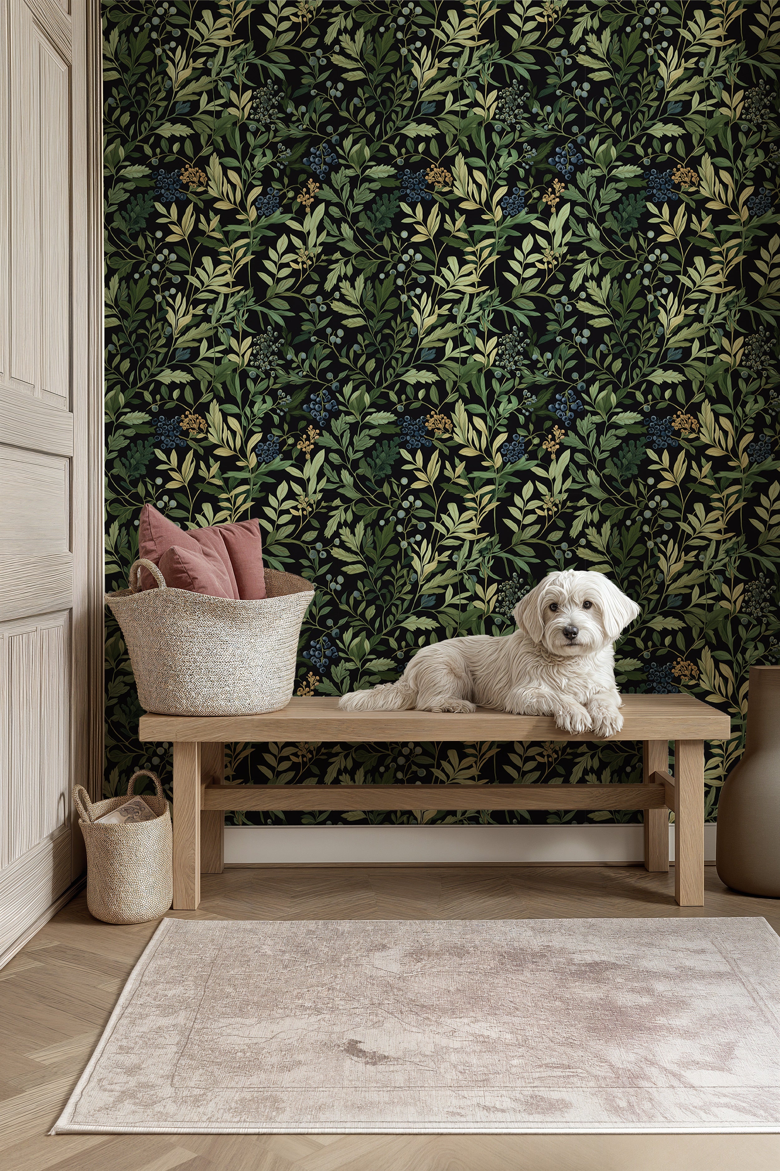 Botanical berry wallpaper in a dark room with green foliage, blue berries, and a dog on a wooden bench