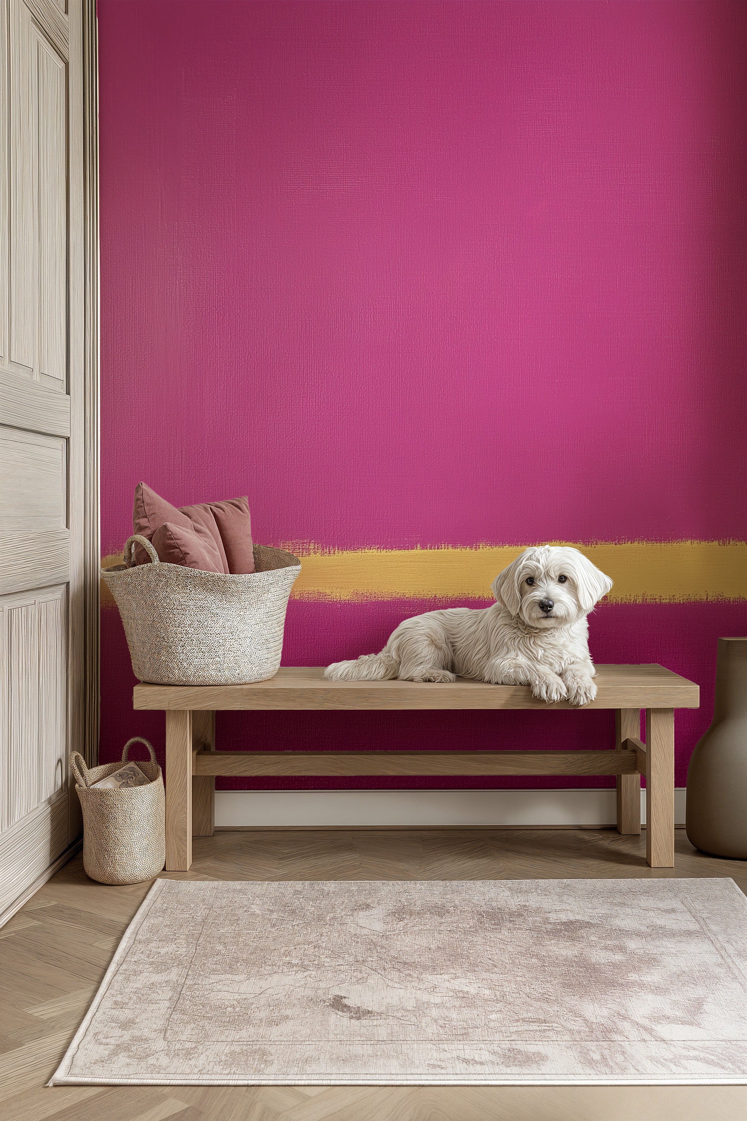 Pink abstract mural with magenta wall and gold brushstroke accent, cozy bench seating, dog lounging, natural wood tones, mode