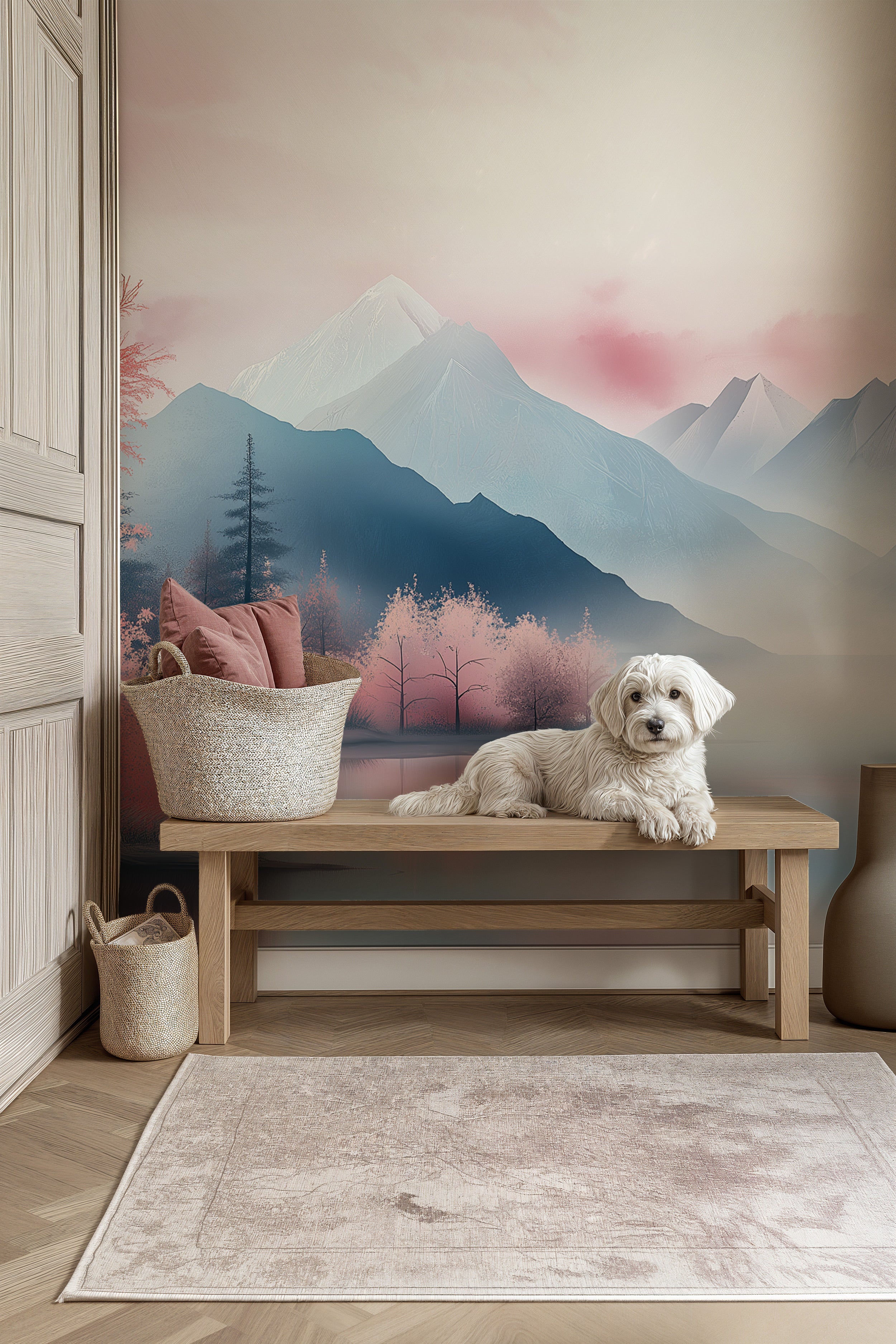 Soft pastel pink mountain lake mural with cherry blossoms and evergreens, in a cozy room with a wooden bench and dog