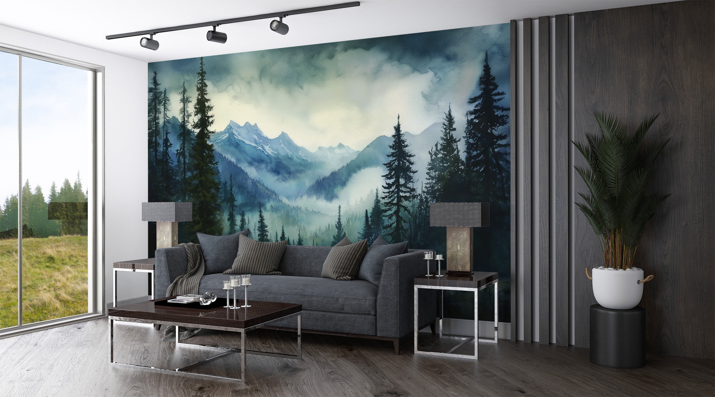 Watercolour Mountain Forest mural in a modern living room with a gray sofa, pine forest scene mural, blue misty mountains, an