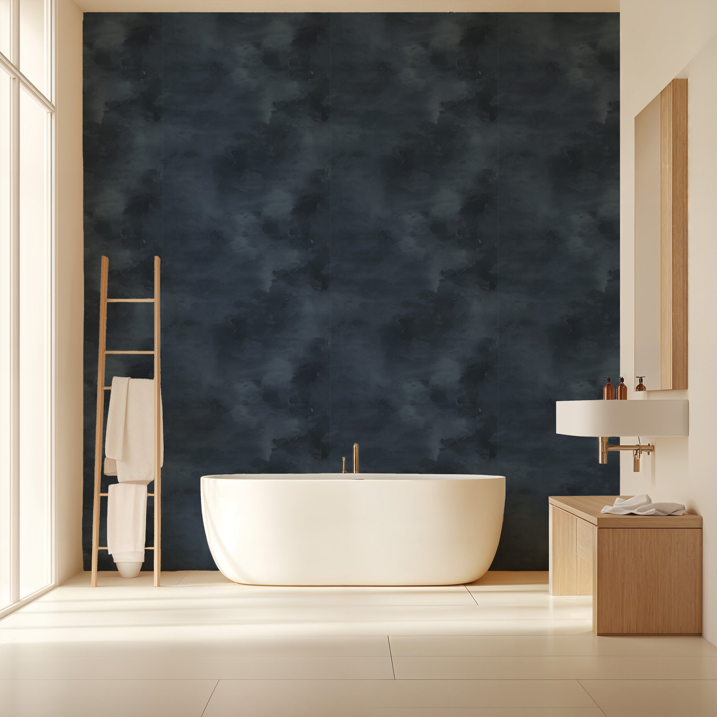Navy blue abstract textured wallpaper in a modern bathroom with freestanding tub, wooden ladder towel rack, and minimal vanit