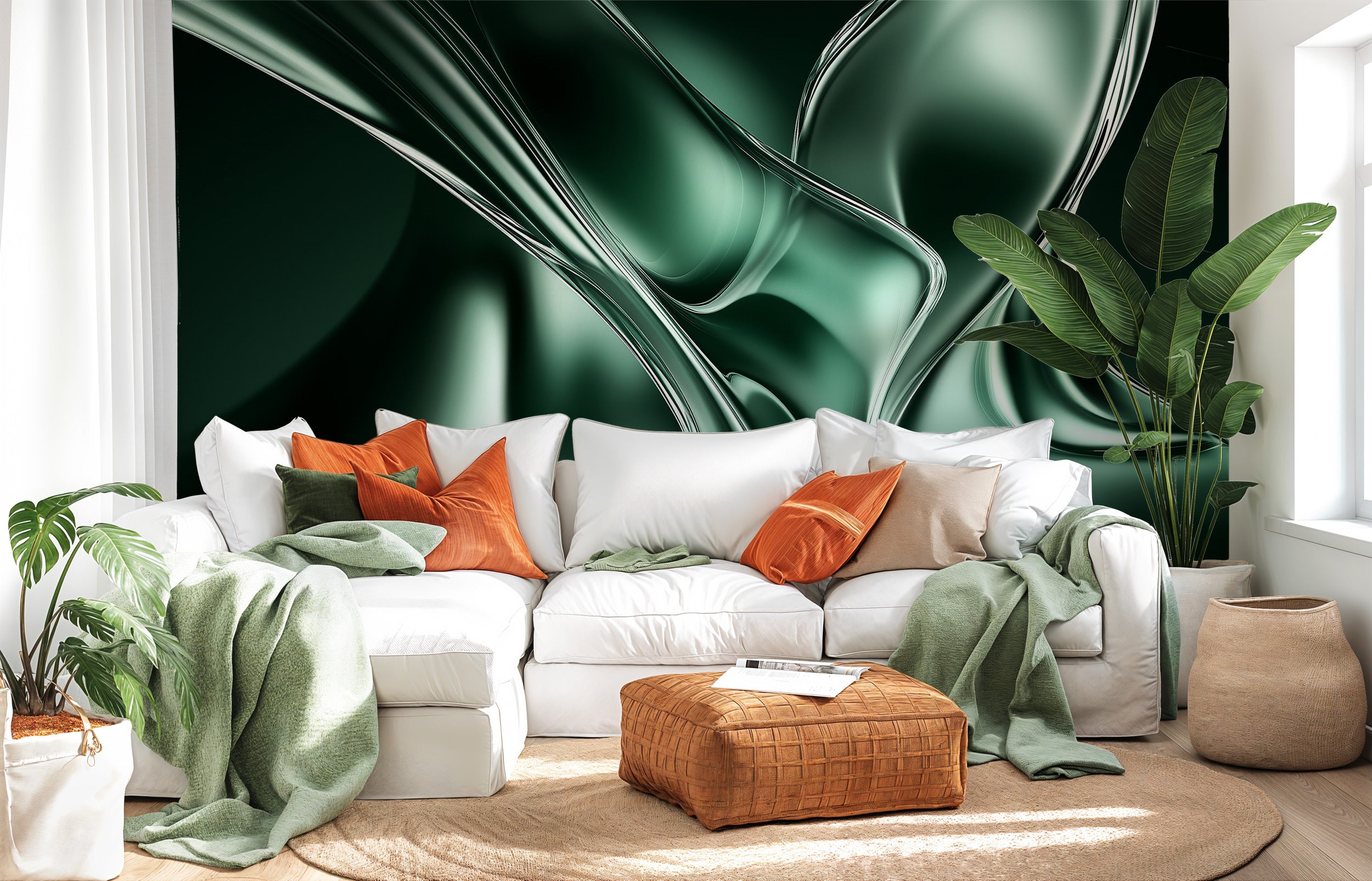 Emerald liquid metal abstract mural in a modern living room with a white sofa, green accents, and leafy plants for a luxuriou