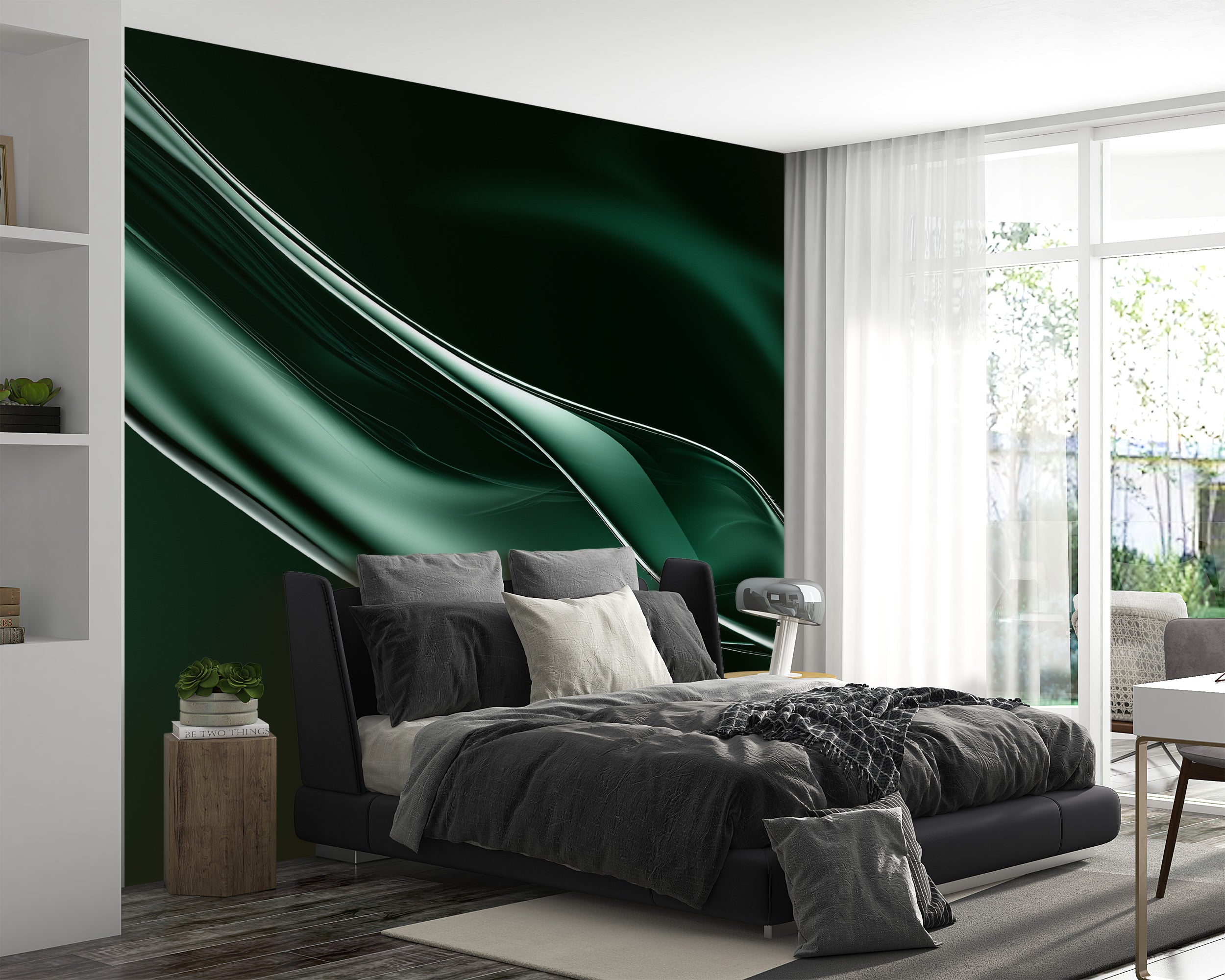 Emerald abstract flow mural in a modern bedroom featuring liquid green curves on a dark backdrop behind a black upholstered b