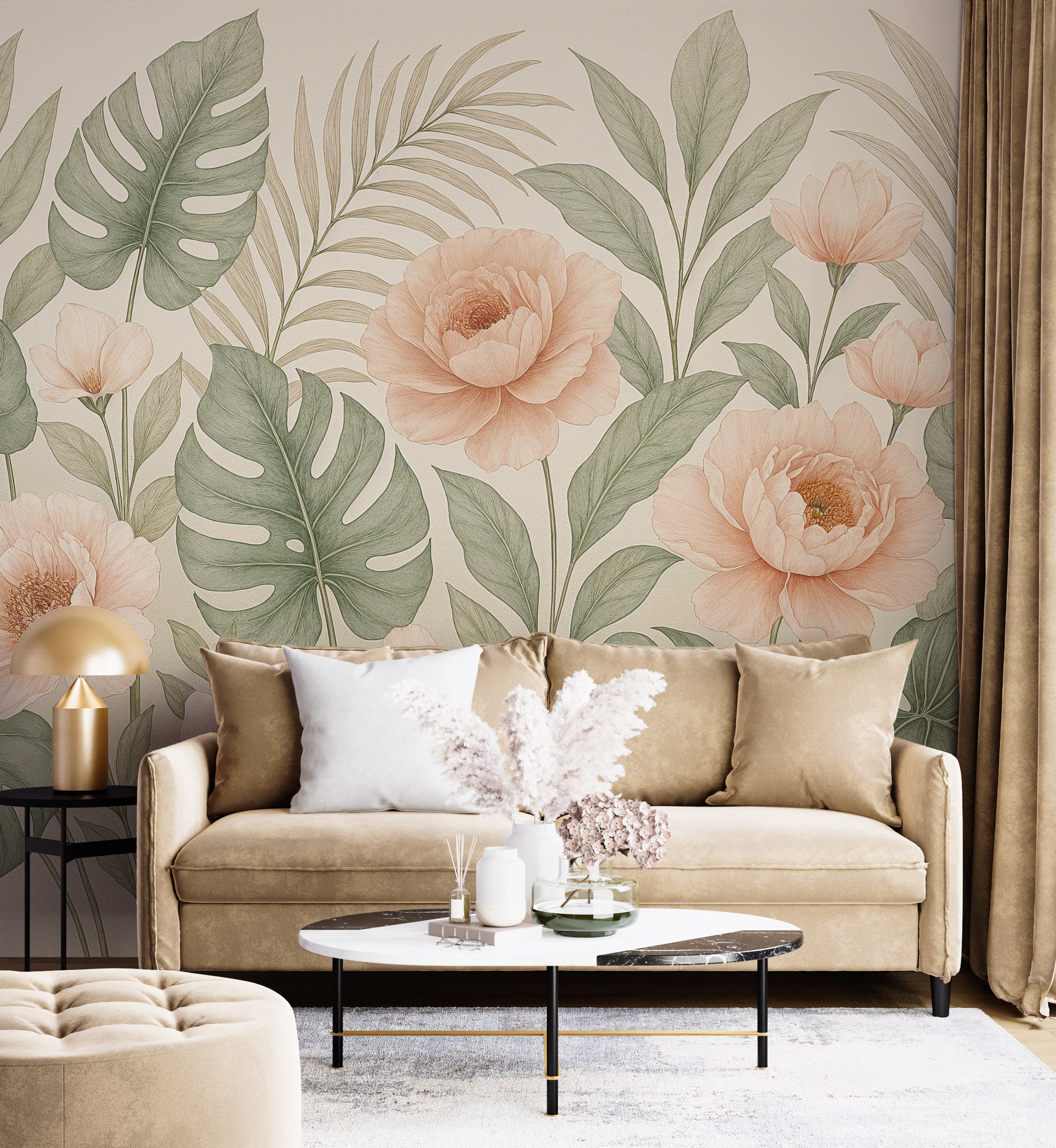 Tropical floral mural with peach peonies and green monstera leaves in a beige living room with a gold lamp and neutral sofa