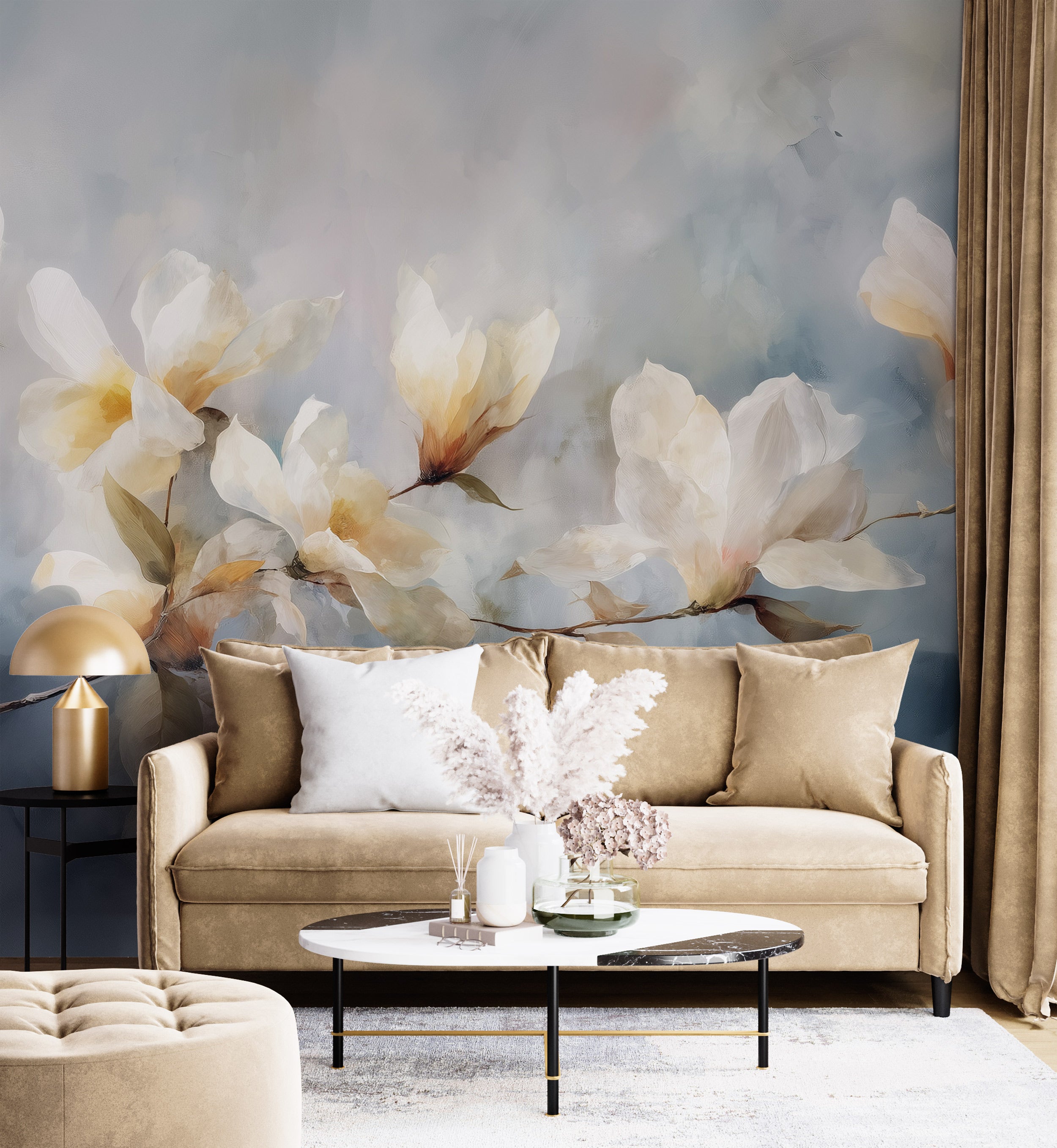 Magnolia branch mural in a dreamy watercolor style with cream blossoms on a soft blue backdrop in a beige living room