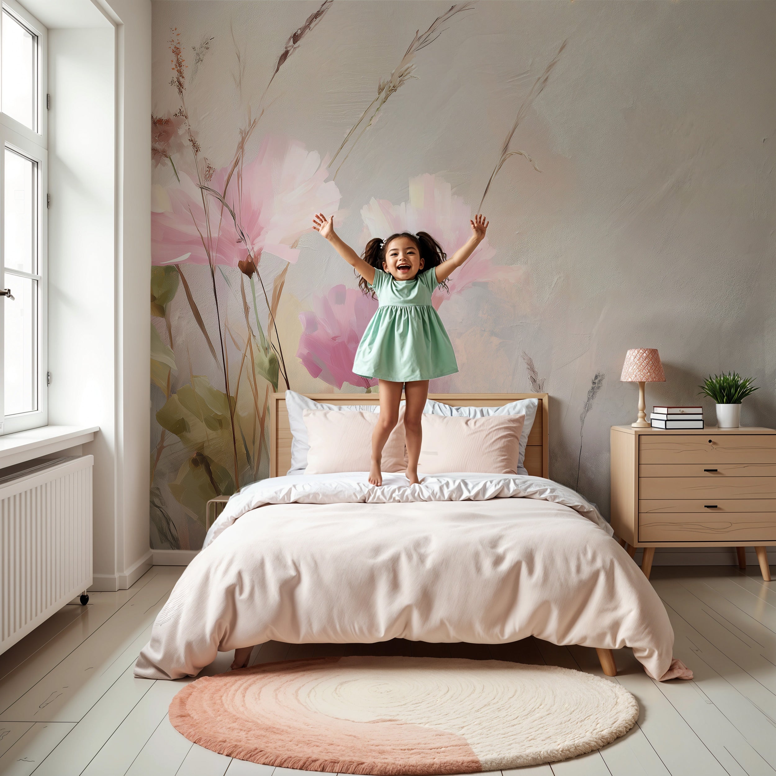 Watercolor floral mural bedroom wall with soft pink blooms and grasses, child jumping on bed in mint dress, serene pastel dec