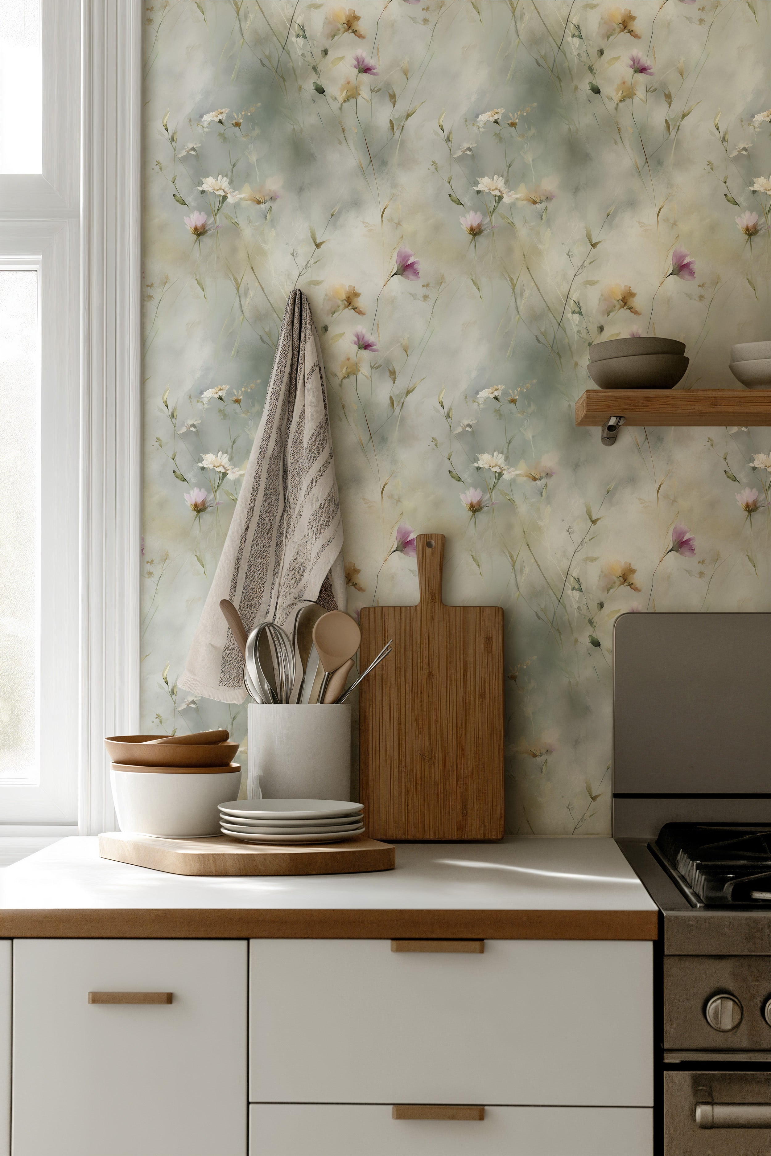 Watercolor wildflower wallpaper with white cosmos and purple blooms in a soft neutral kitchen setting, delicate botanical mur
