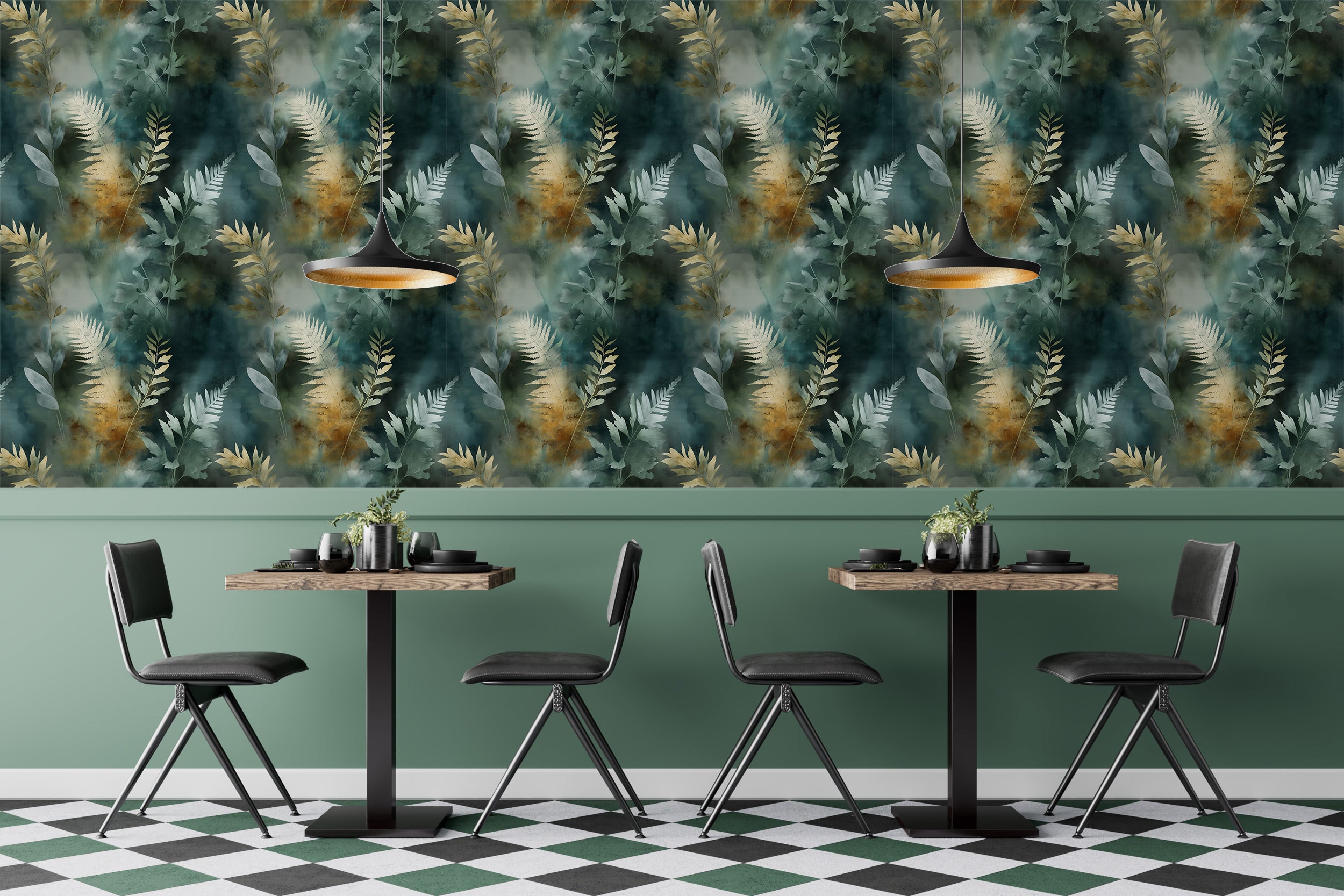 Botanical watercolor fern wallpaper mural in teal and gold with sage green wall, dining area setting and modern pendant light