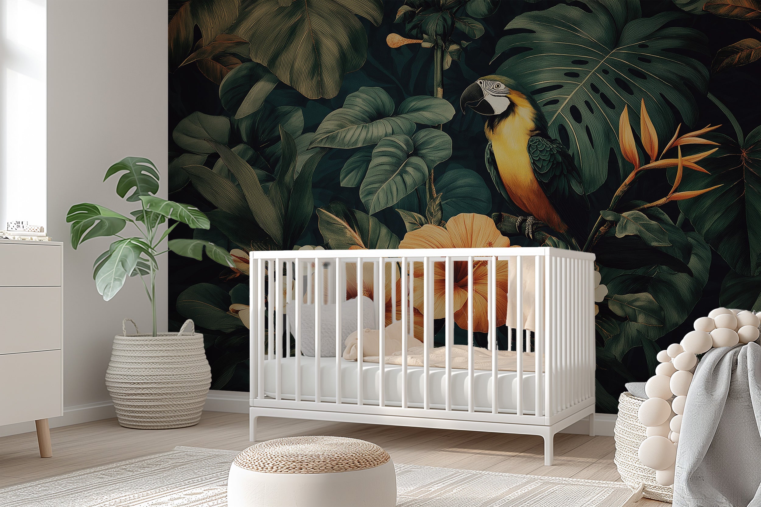 Tropical parrot mural with hibiscus and lush green leaves in a modern nursery featuring a white crib and soft lighting style