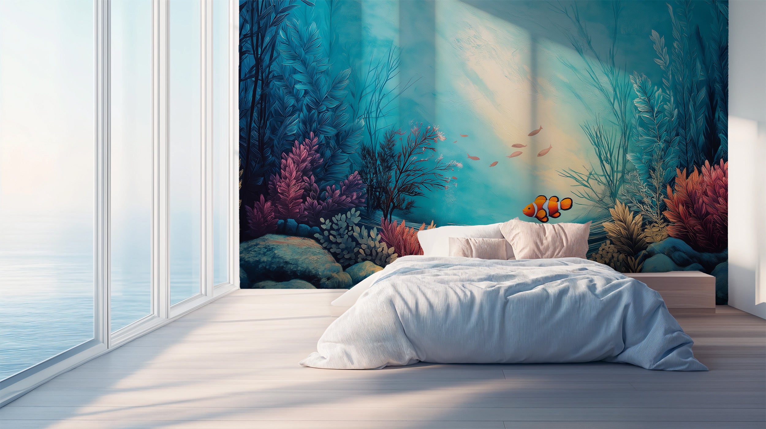 Underwater coral reef mural with clownfish in turquoise ocean tones, bold colorful sea plants, in a modern bedroom wall decor
