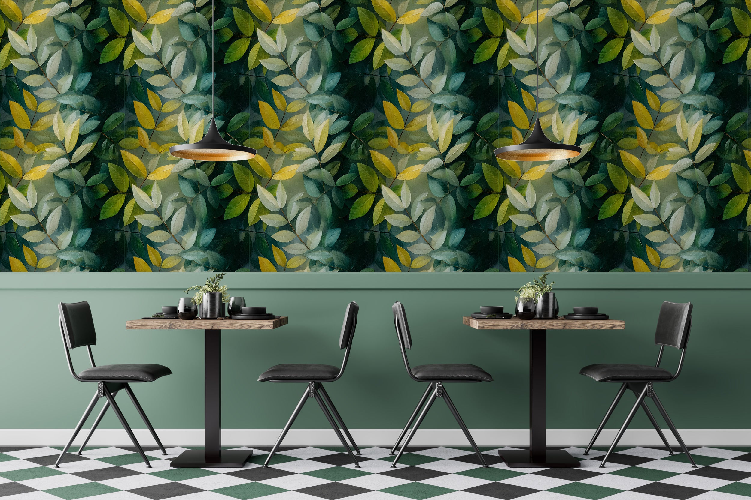 A stylish dining area featuring green botanical wallpaper with tropical leaves, paired with black chairs, wooden tables, and