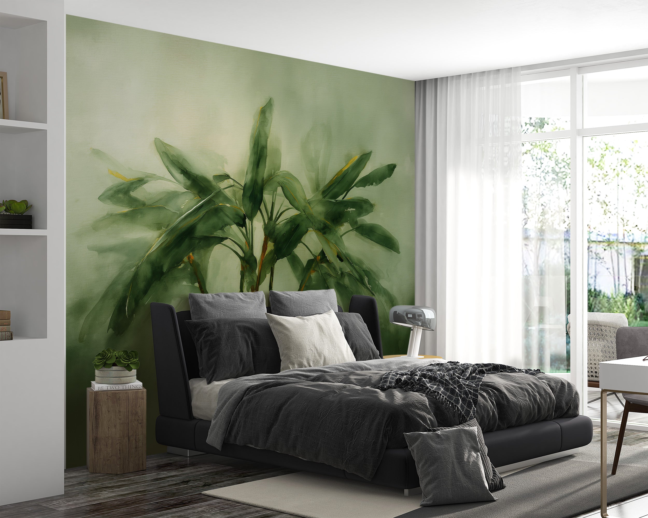 Watercolour tropical palm mural in soft sage greens, lush green leaves as bedroom wall art with calming botanical wallpaper