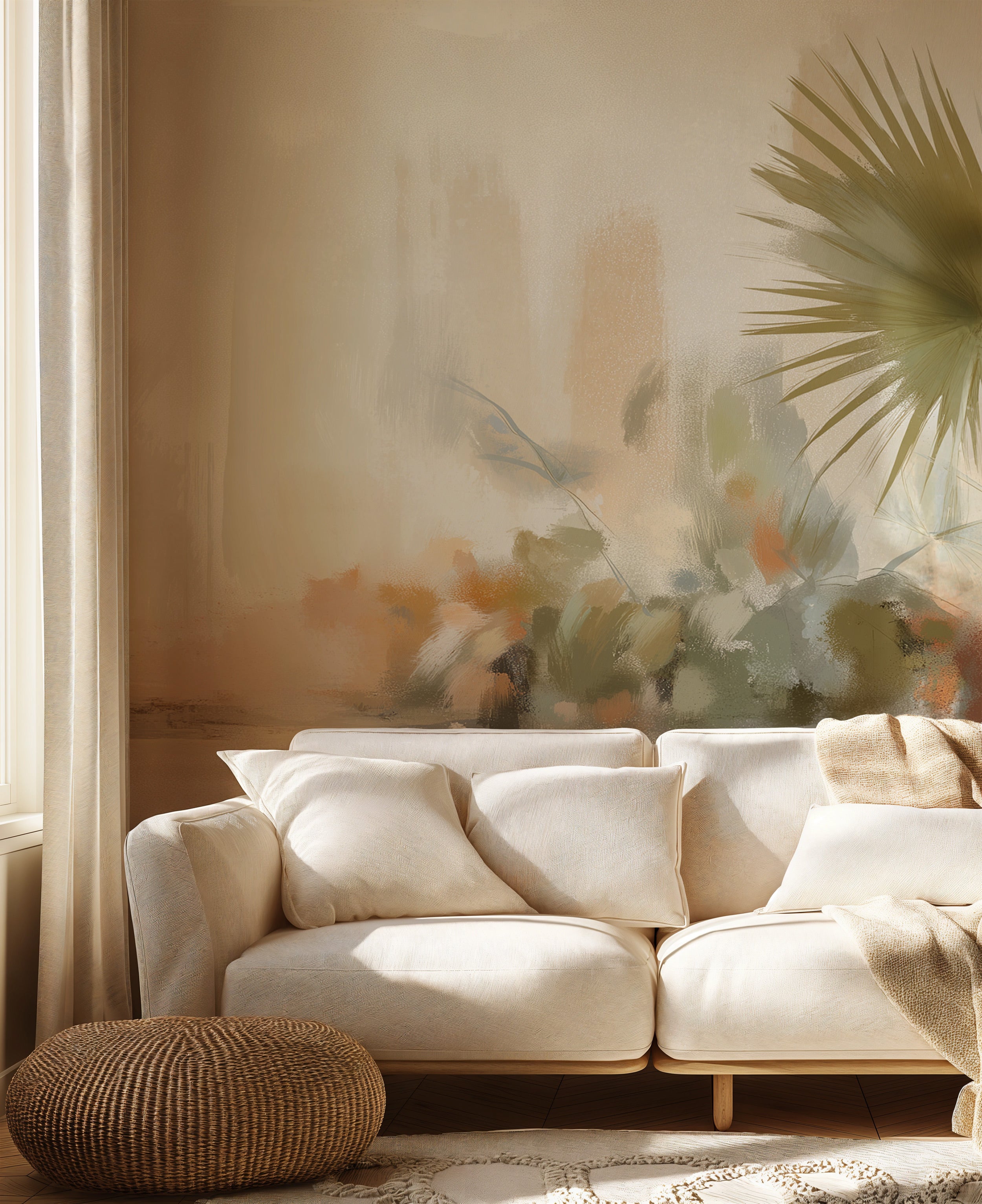 Watercolor palm tree mural in warm beige and soft greens behind a neutral living room sofa with tropical botanical design and
