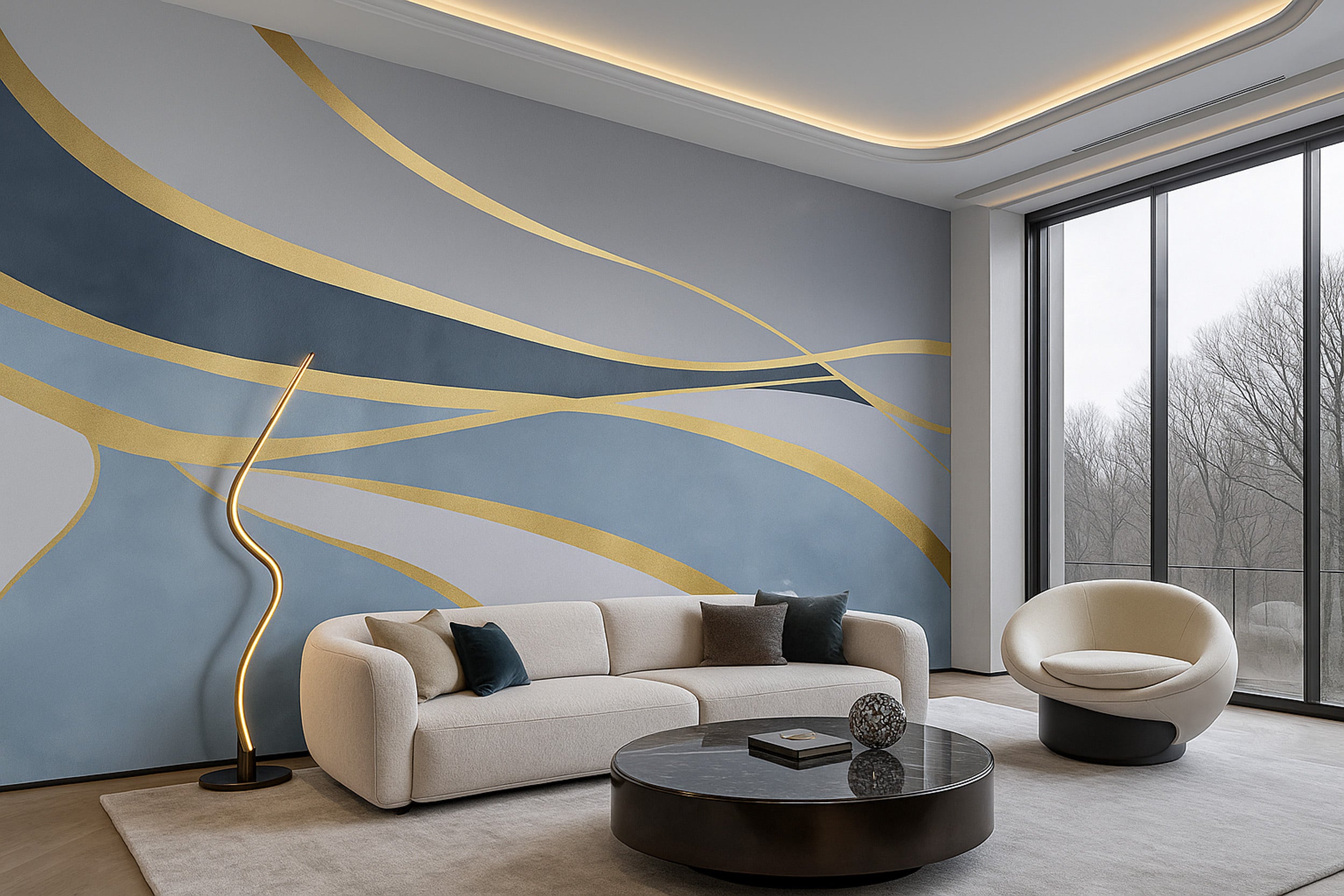 Abstract mural with flowing gold lines on blue grey wall in a modern living room setting