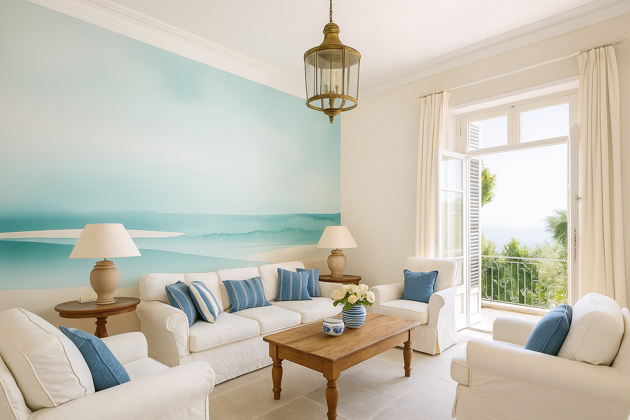 Watercolor ocean waves mural in a serene teal beige coastal living room with white furniture and a sunny balcony view