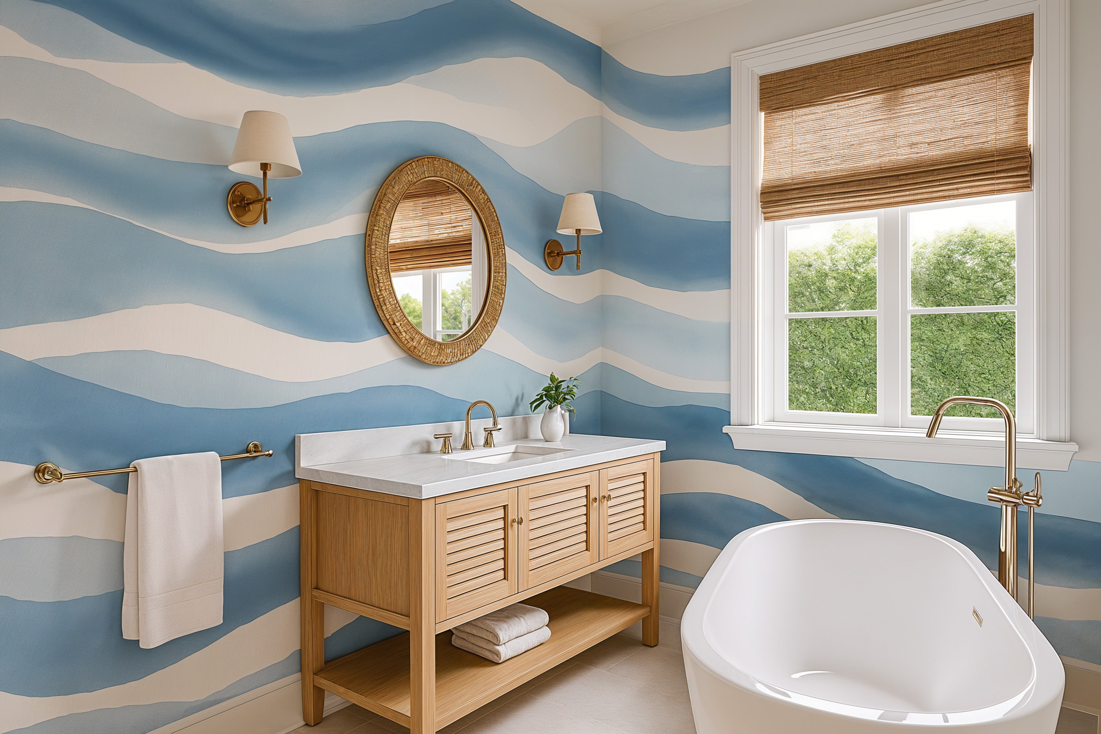 Blue abstract wave mural in a bright bathroom with a white freestanding tub and wooden vanity featuring gold fixtures