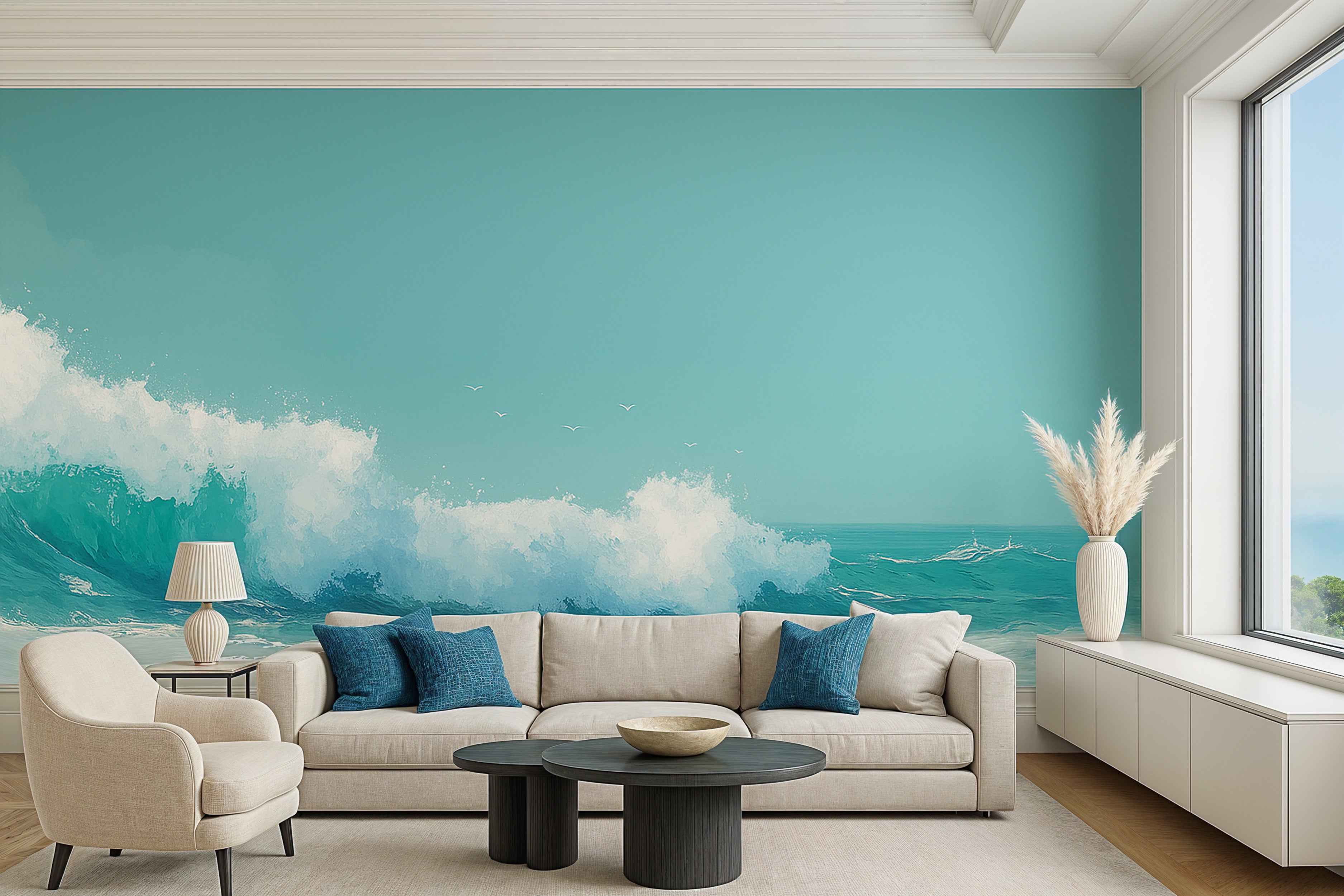 Ocean wave mural in turquoise seaside living room with beige sofa, throw pillows, and large window view