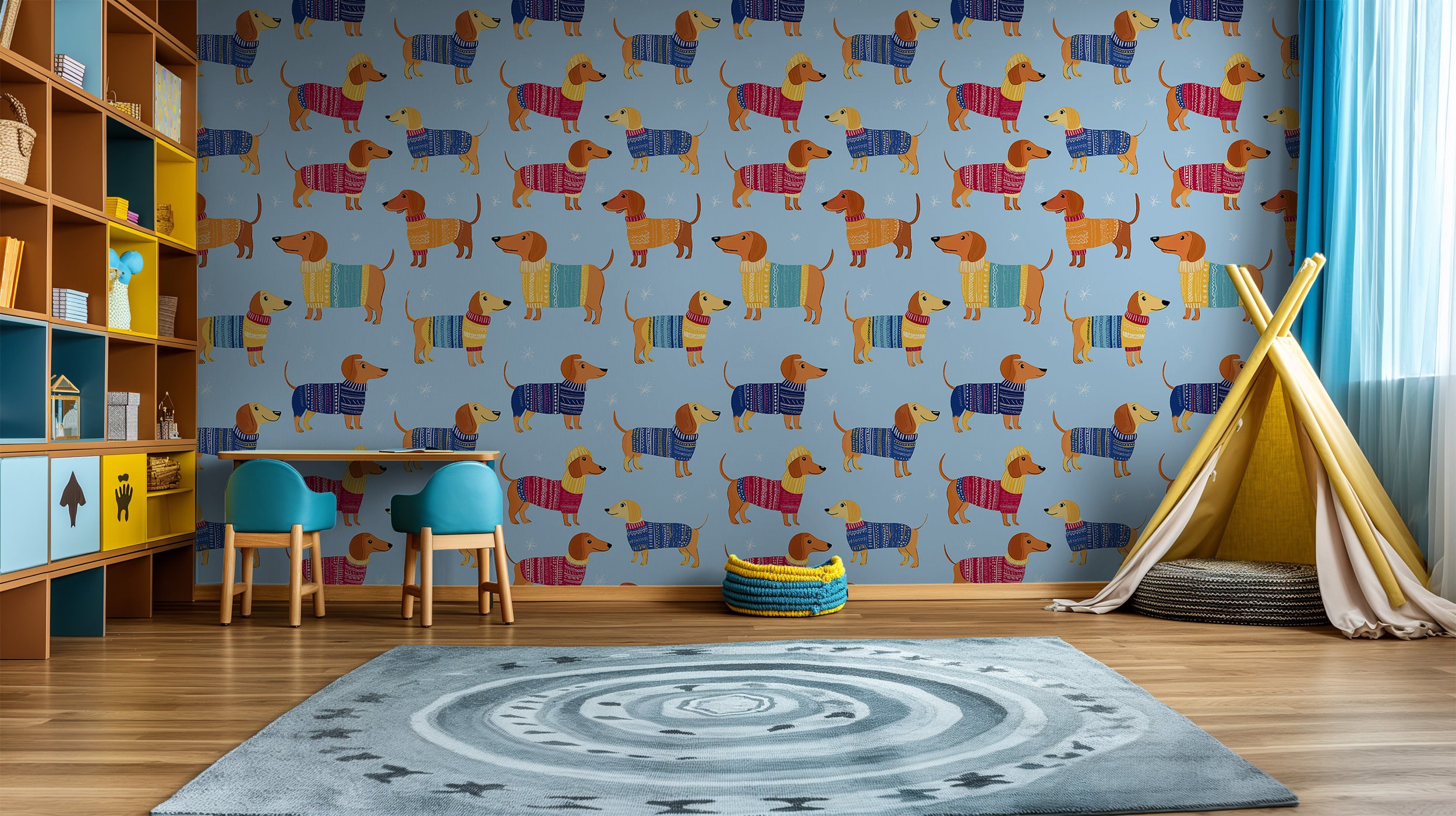 Cozy dachshund Christmas wallpaper in blue with repeating colorful sweater-wearing wiener dogs, kids room setup with teepee a