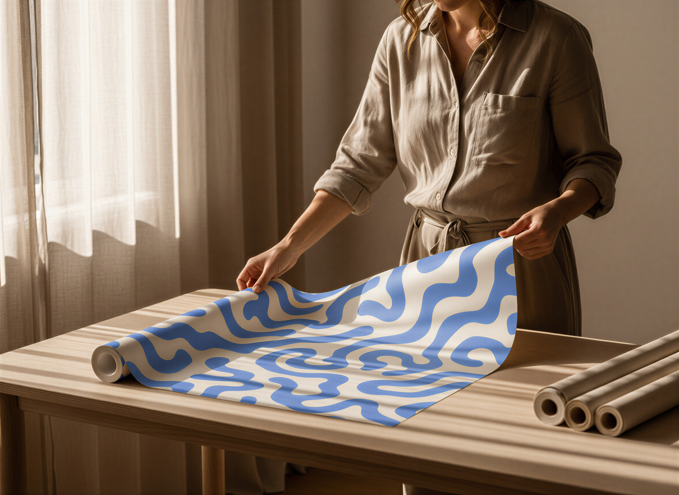Person unrolling a blue and white patterned fabric on a wooden table.