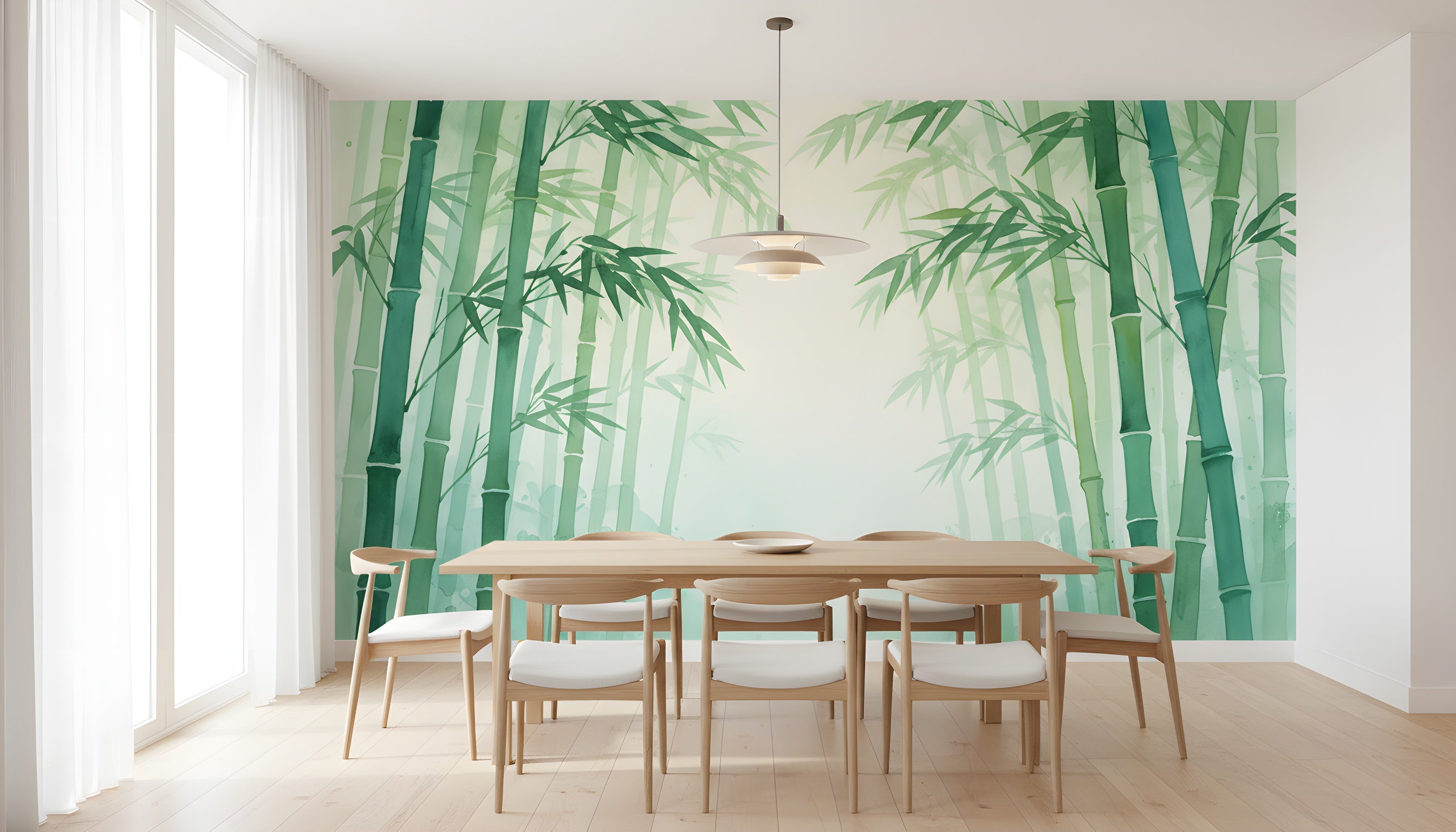 Watercolor bamboo forest mural in a bright dining room, green bamboo stalks and leaves walls behind a light wood table and chairs, serene natural