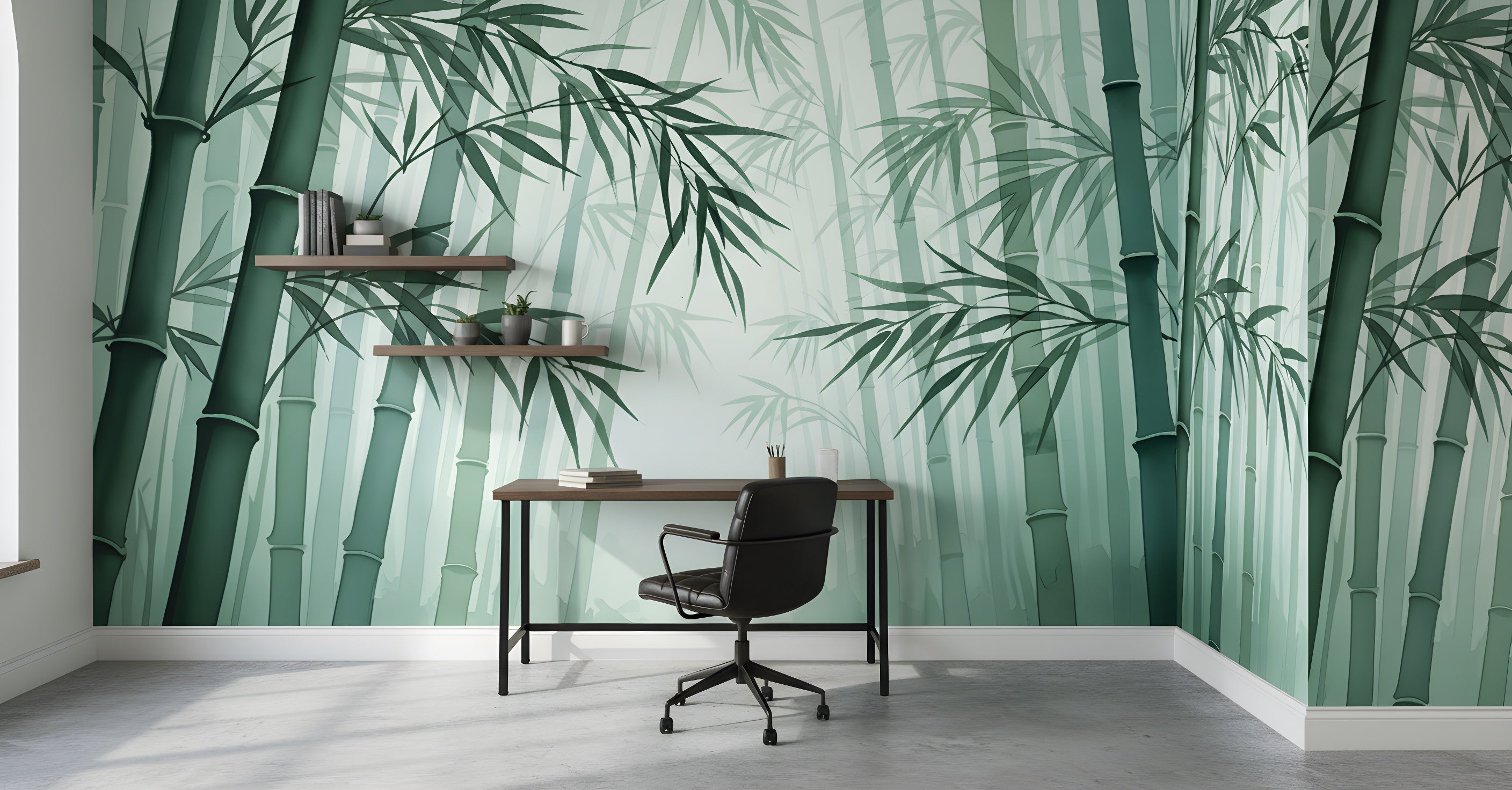 Bamboo forest mural in sage green tones with tall stalks and leafy branches creating a tranquil zen study space backdrop
