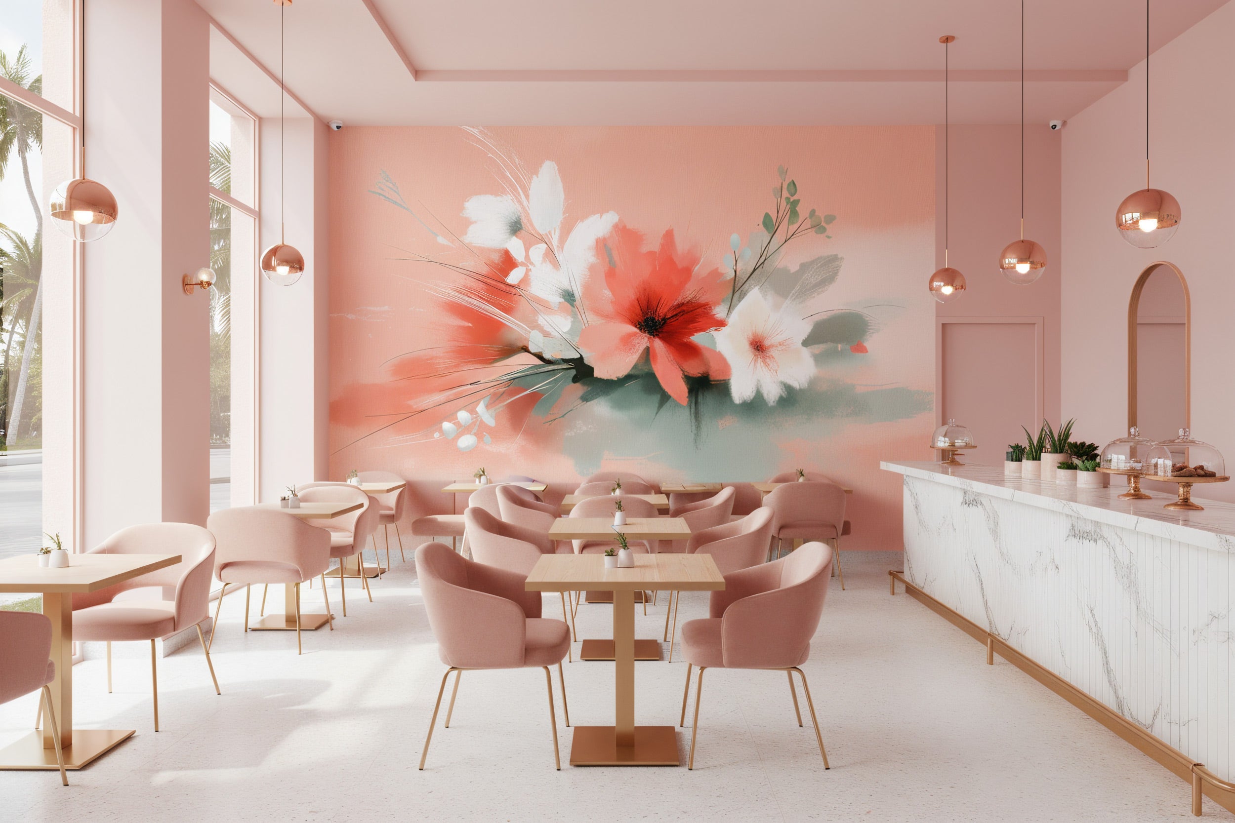 Abstract floral mural in soft coral, white, and sage tones with watercolor blooms on pink backdrop in a bright pink cafe sett