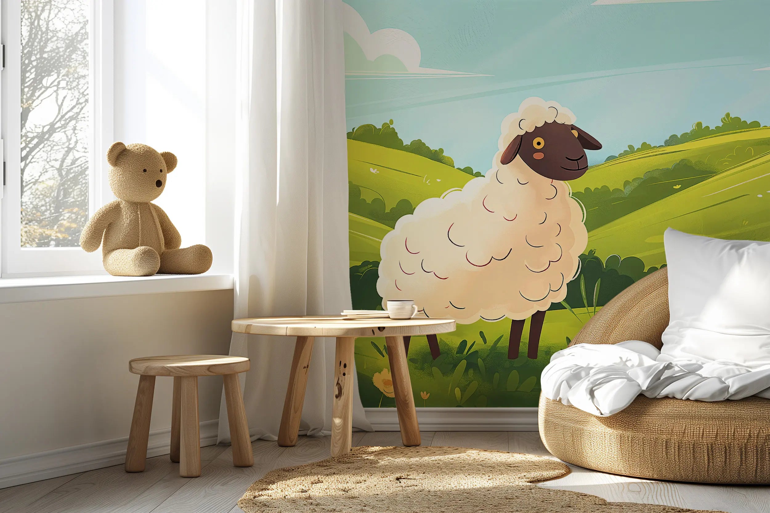 Watercolor sheep pasture for baby room