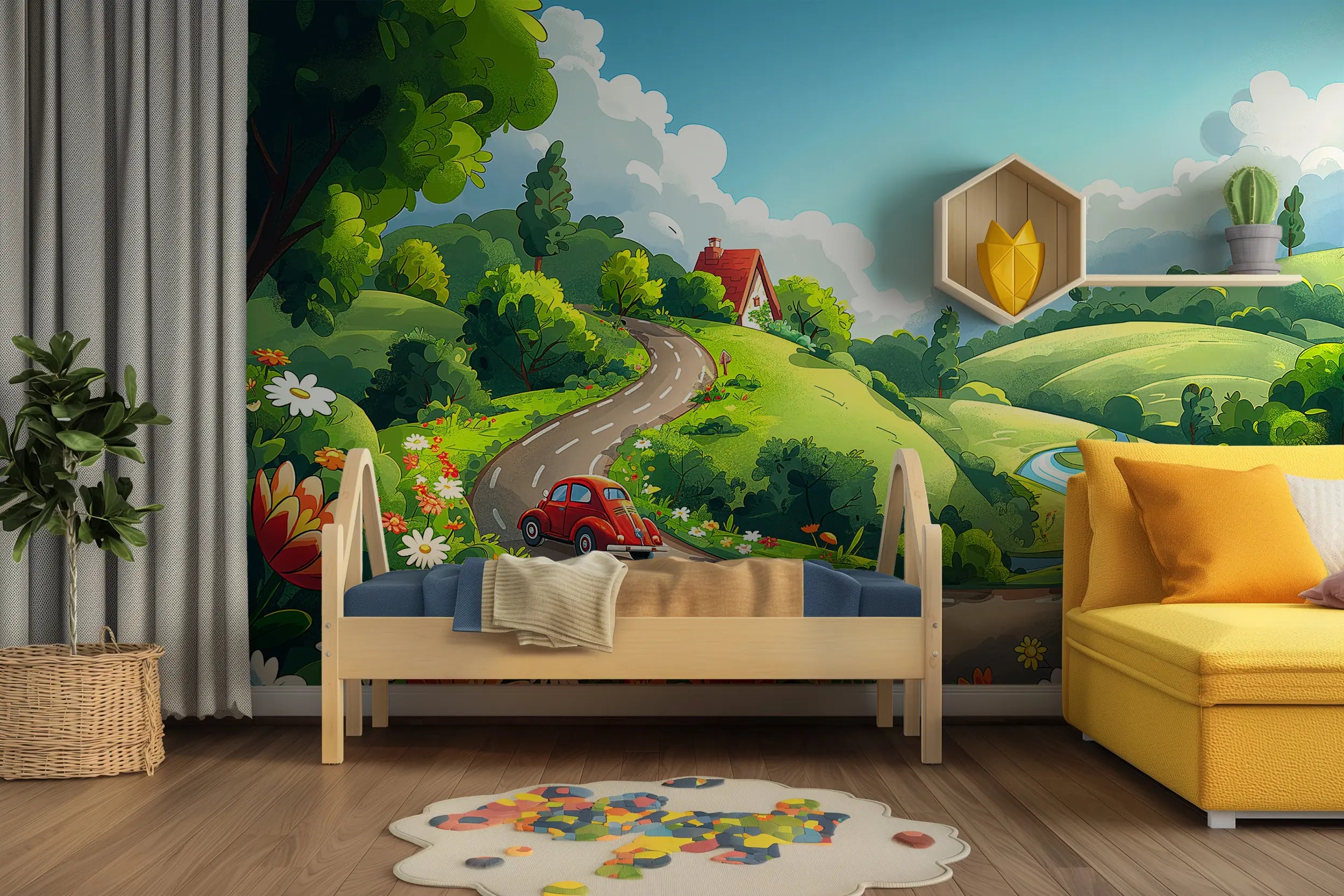 Temporary scenic wallpaper for playroom