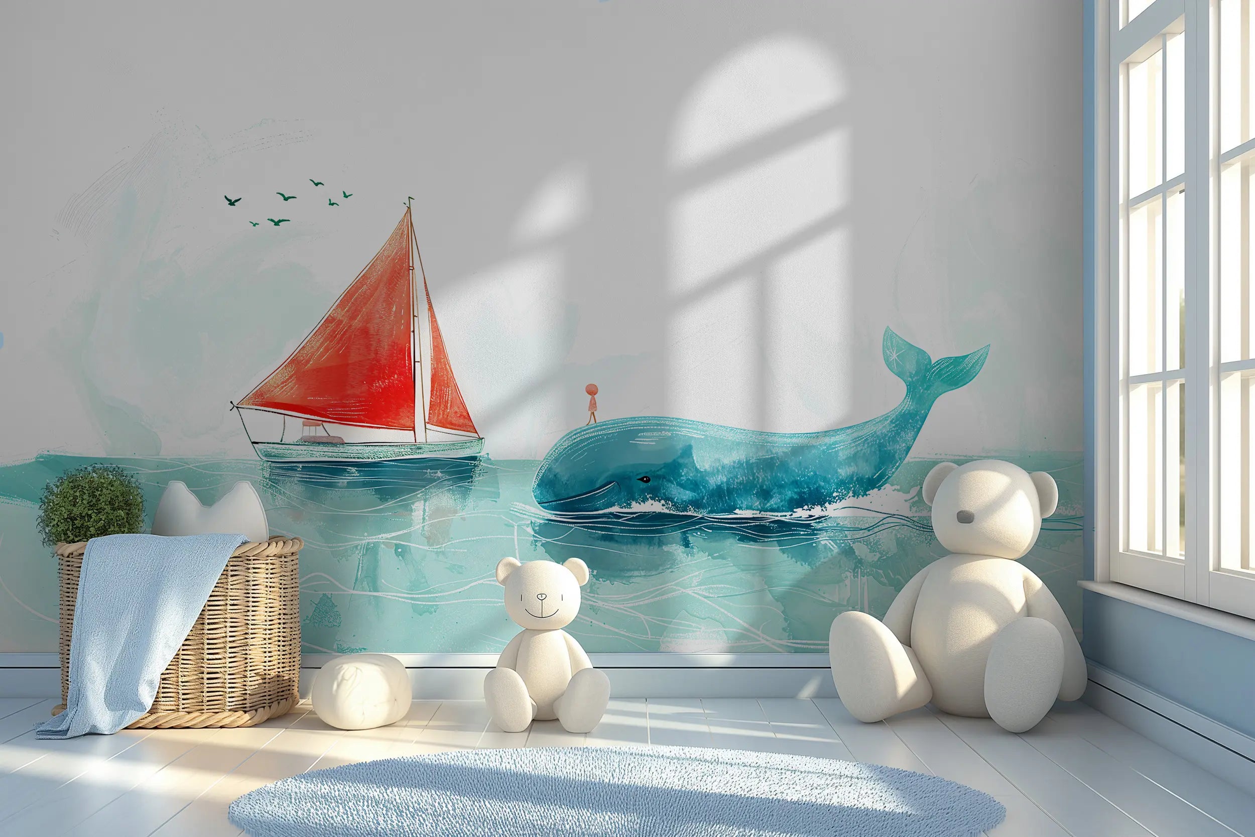 Red sailboat and whale kids mural