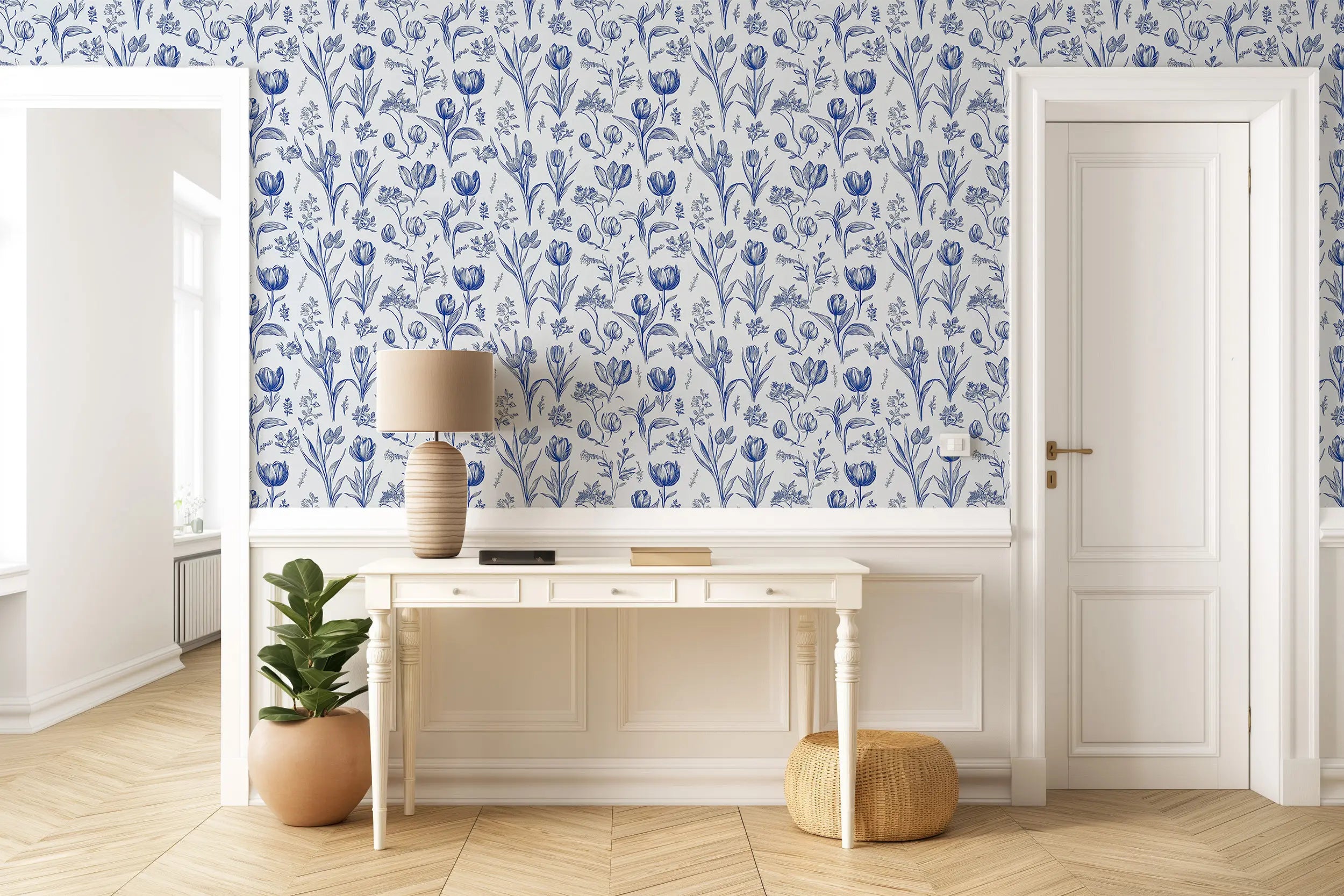 Blue and white floral wallpaper