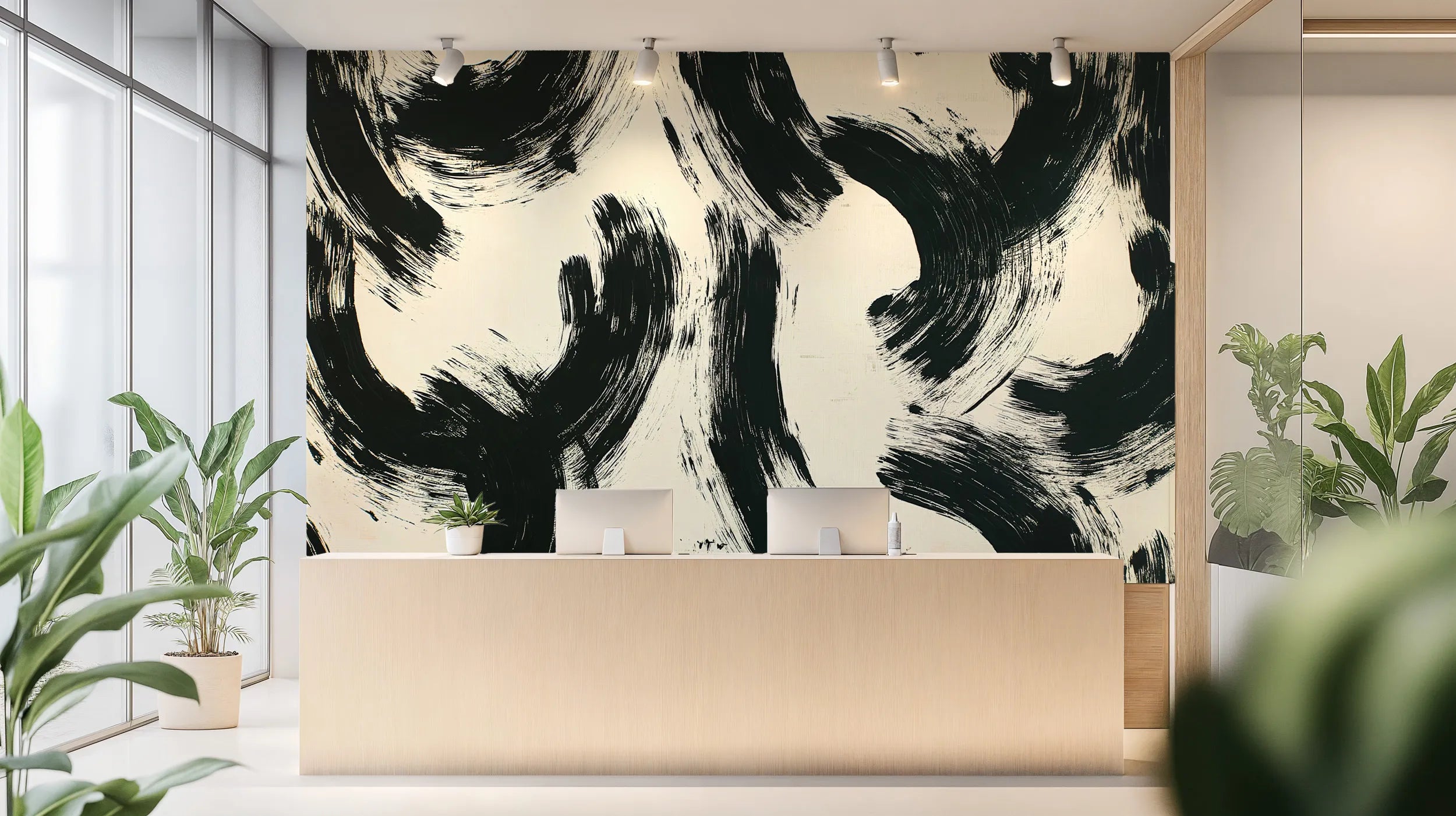 Modern brushstroke wall design in office