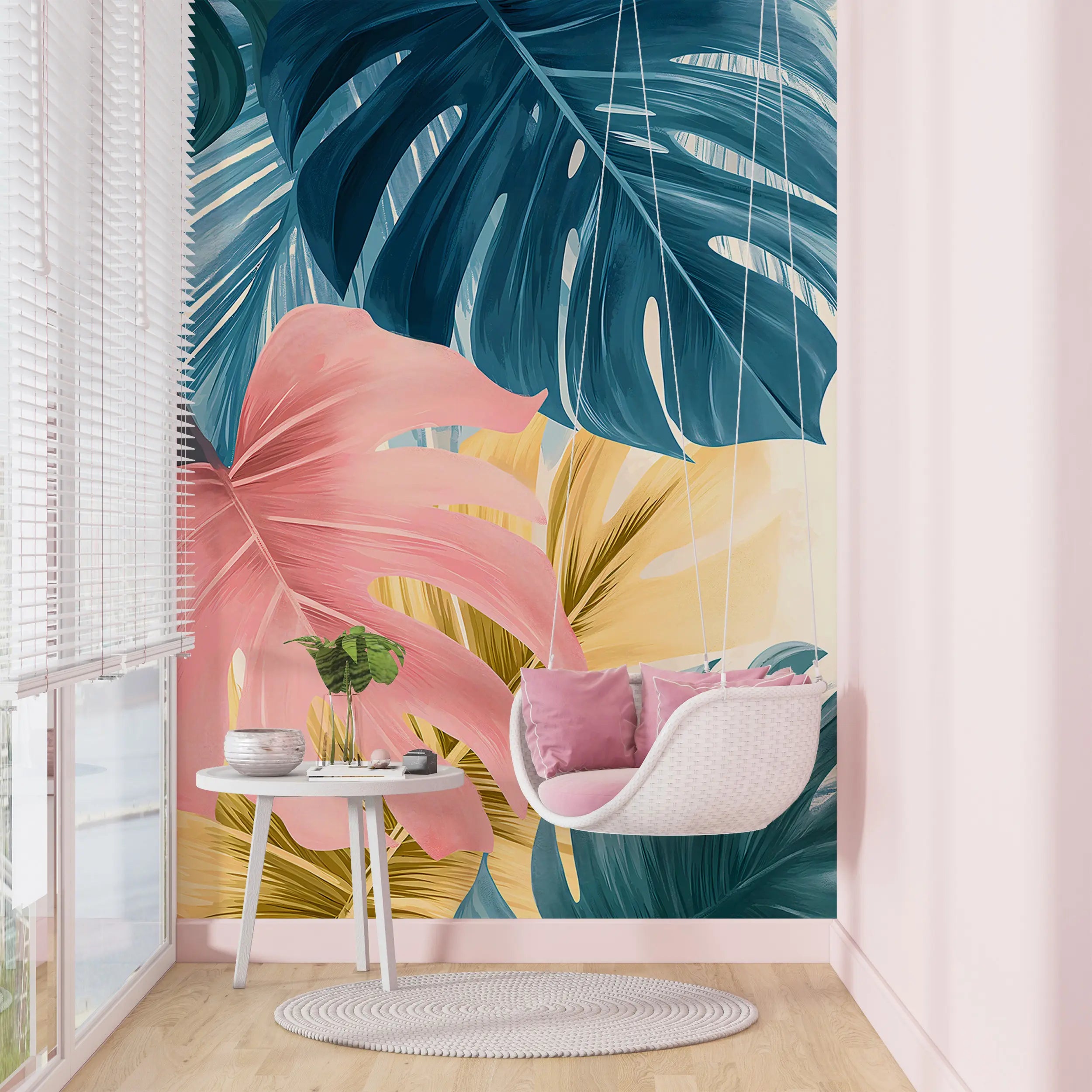 Abstract monstera leaves mural