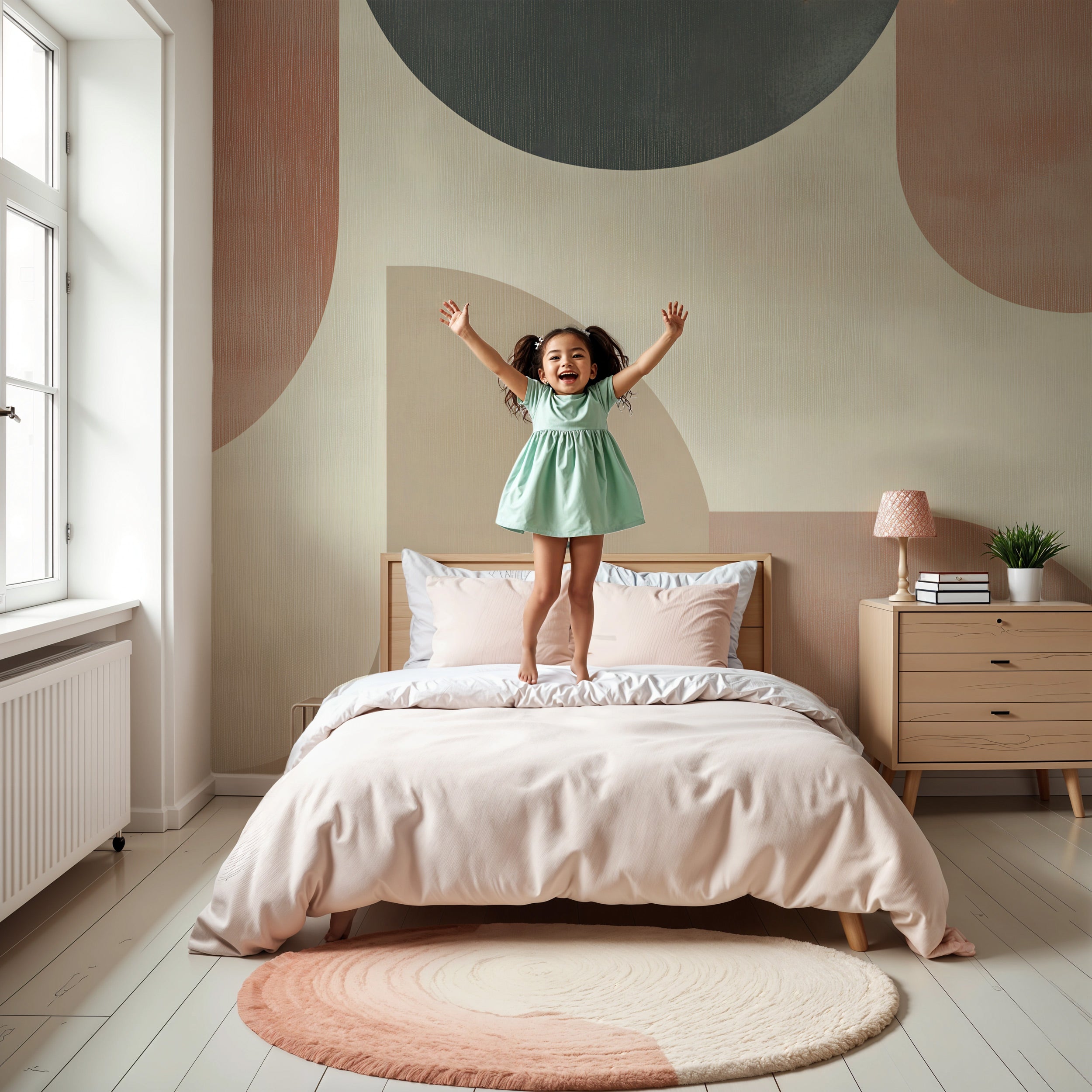 Young girl jumping on a bed in a modern bedroom with abstract terracotta and charcoal geometric mural wall art in soft beige