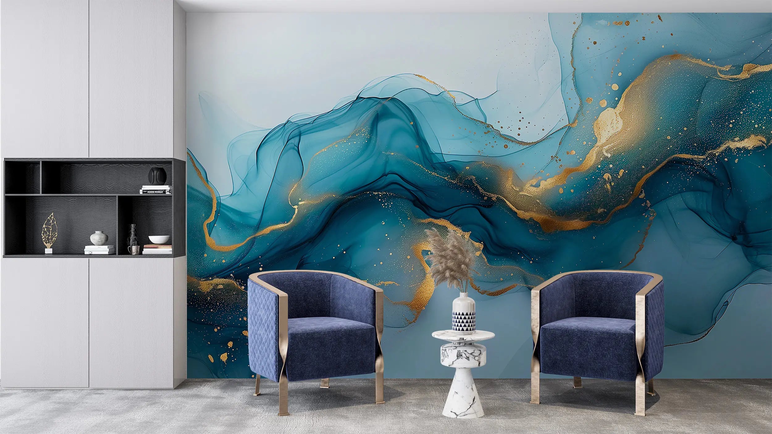 Living Room blue gold wall mural