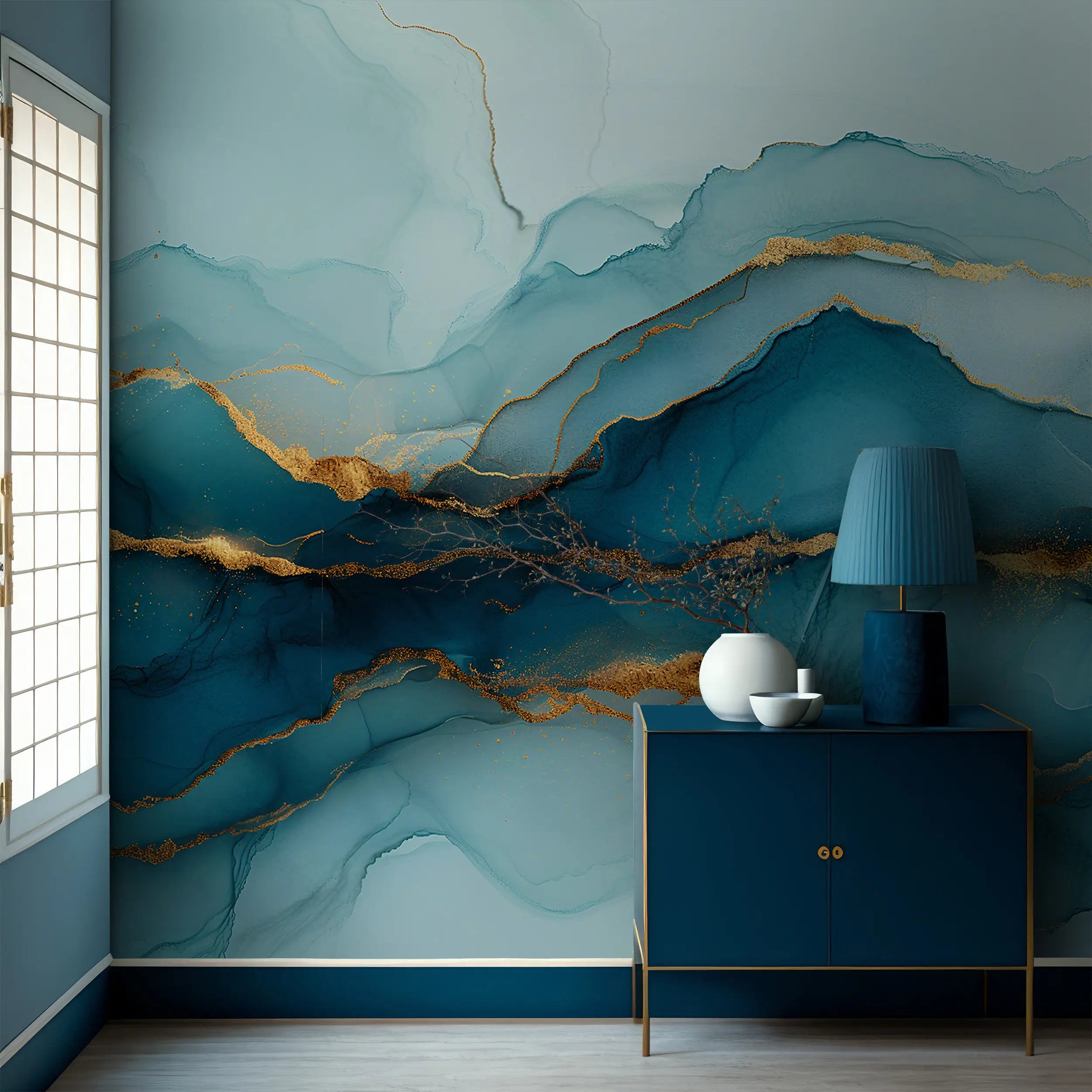 Bedroom teal gold wall mural