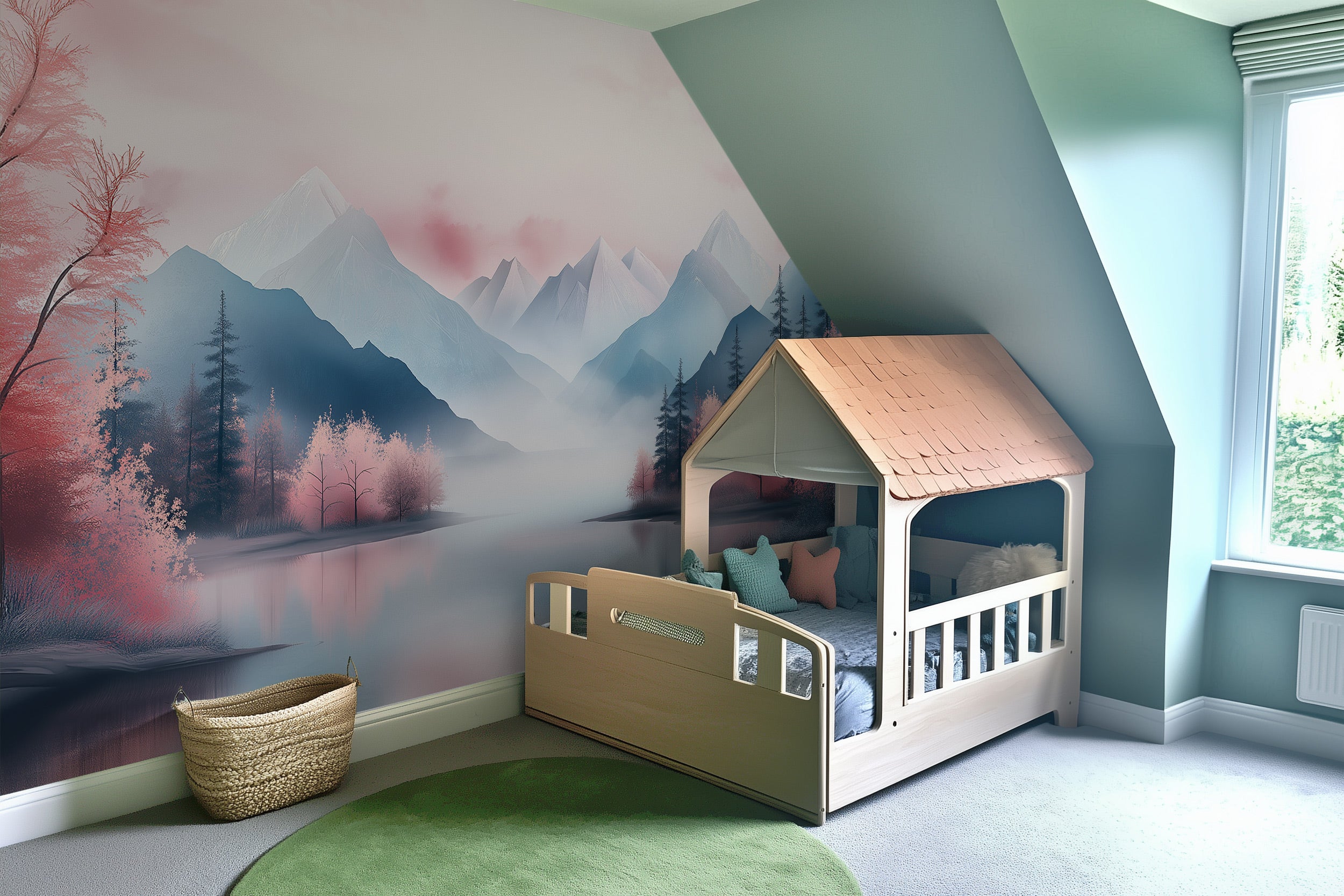 Pink mountain lake mural in a child's room with a cozy wooden bed, pastel hues, misty mountains, pink blossoms, evergreens, a