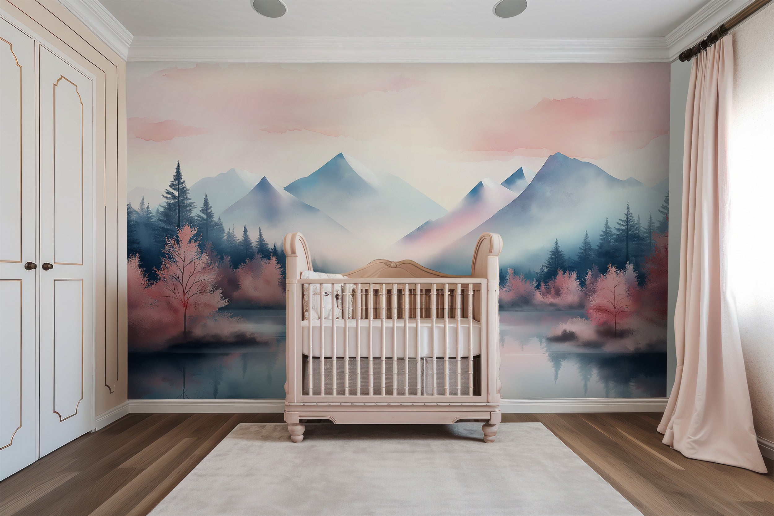 Pink mountain lake mural in a nursery with a cribs landscape, watercolor-style pink, blue mountains, reflective water and mis