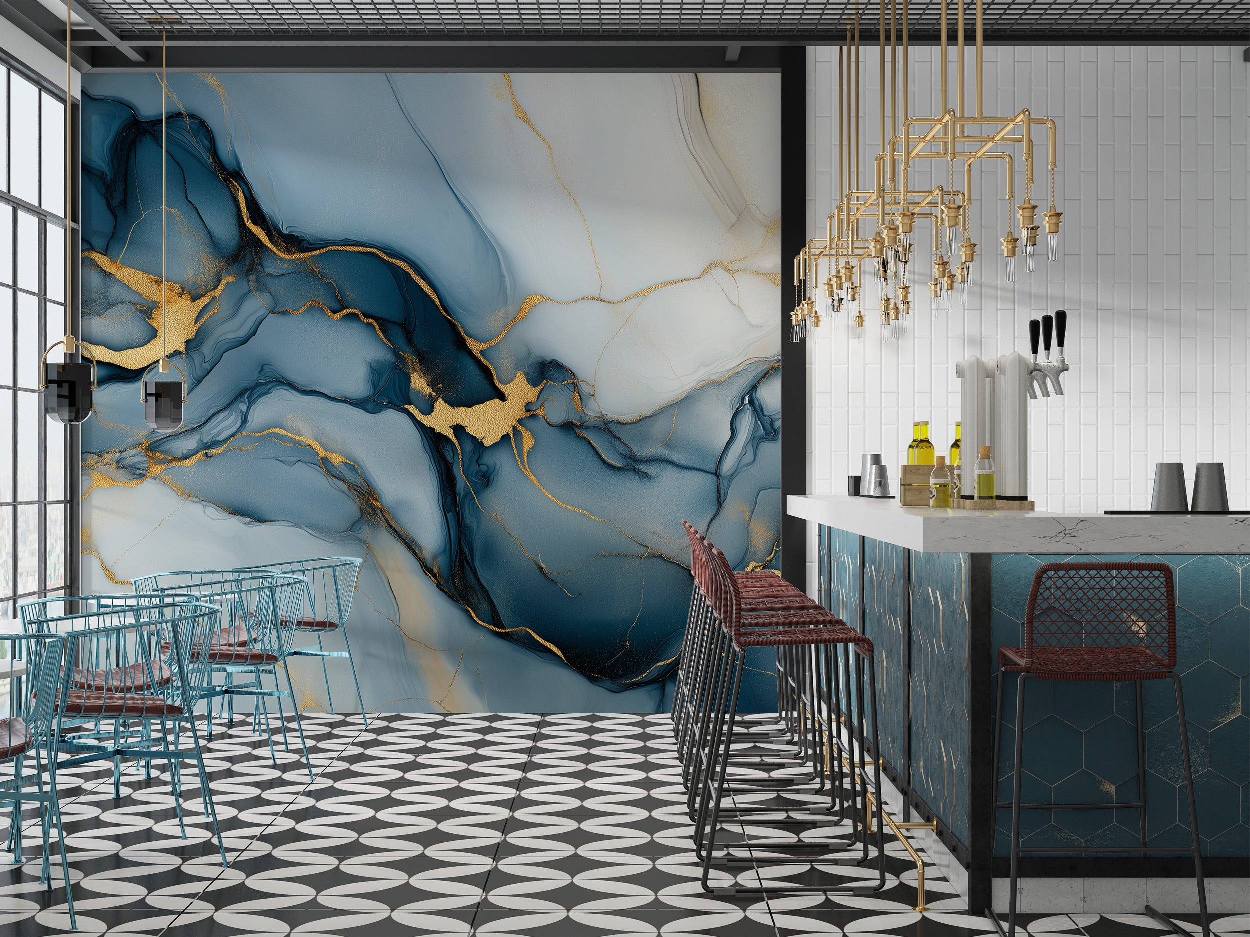 Blue and gold abstract mural with flowing marbled patterns on a modern bar wall, navy blues with gold veining and white accen